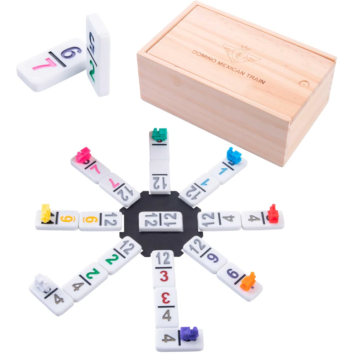 Engelhart - 250180 - Domino Treno Messicano D12 - Versione Numeri - Scatola di Legno - 91 Pezzi di Domino 8 mm + 8 Treni Colorati - 2 a 8 Giocatori