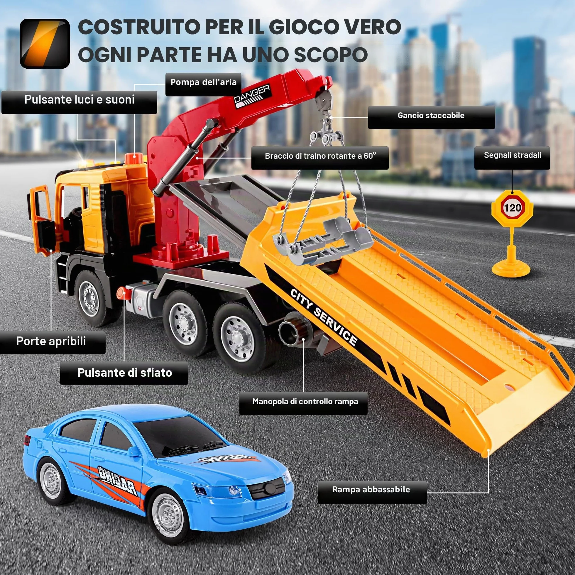 BunnyJOY Camion Giocattolo Bambini 3 4 5 6 Anni, Camion Soccorso Giocattolo con Luci e Suoni, Carro Attrezzi con Gru e Catena con Auto Inclusa, Regalo Bambini