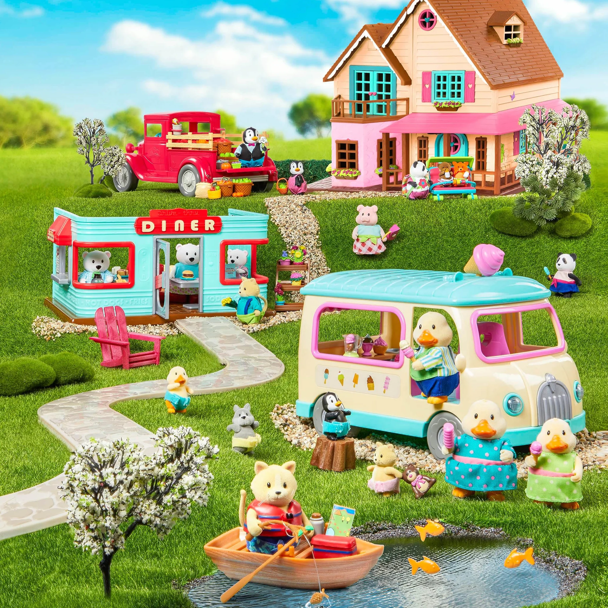 Li'L Woodzeez - Honeysuckle Hillside Cottage - Set di giocattoli da 20 pezzi con casetta per giochi, mobili e accessori - Case in miniatura e set da gioco per bambini dai 3 anni in su