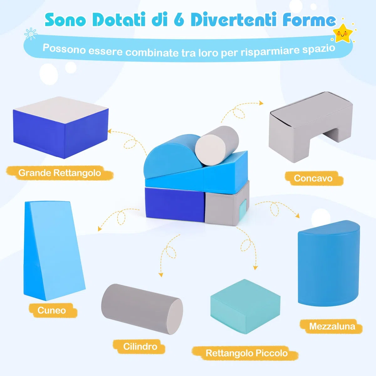 RELAX4LIFE Set di 6 Blocchi per Bambini in Schiuma Morbida, Centro di Attività (Blu)