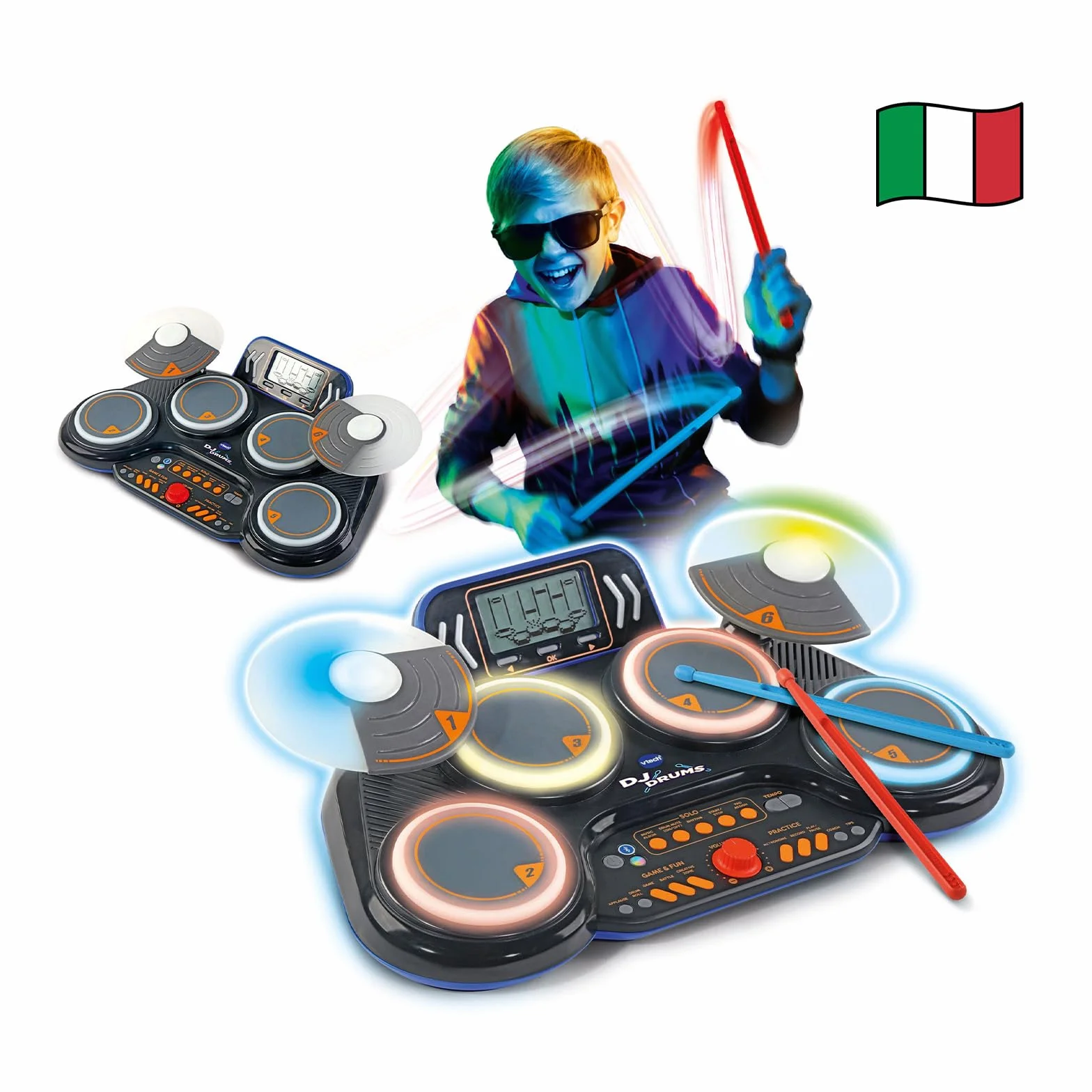 VTech Kidi DJ Drums, Batteria Elettronica per Bambini con Pad Luminosi, Giochi Musicali, Modalità Bluetooth e Microfono Integrato, Bacchette Incluse, Lingua Italiana, Batterie Incluse, 6+ Anni