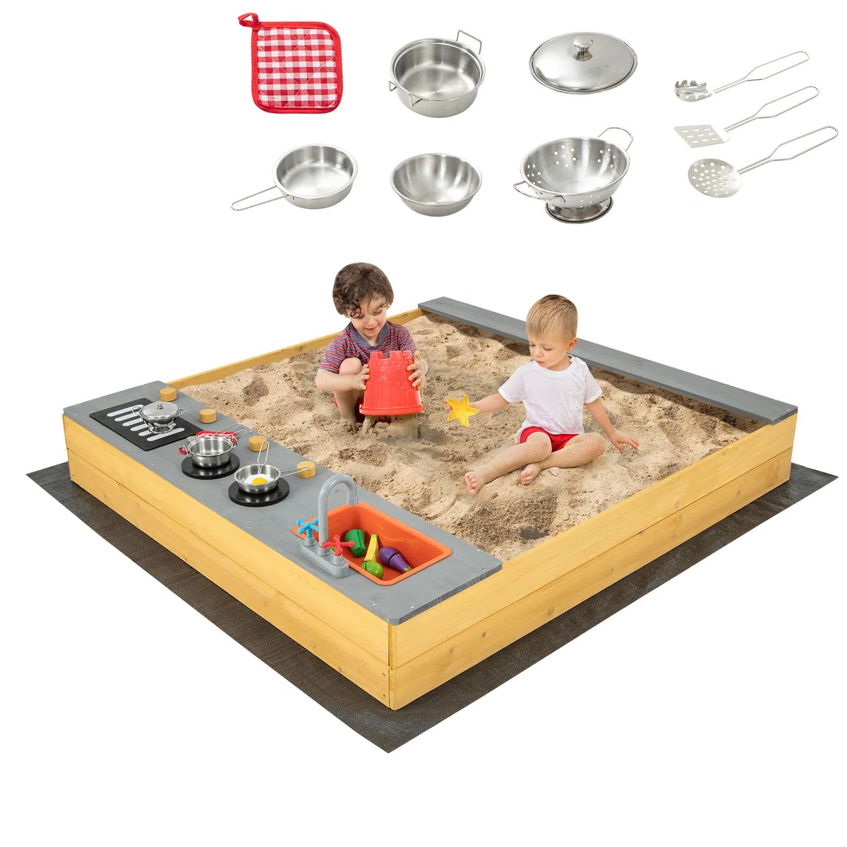RELAX4LIFE Sabbiera per Bambini, Area Esterna in Legno con Fodera Inferiore, Zona Cucina Creativa, Accessori da Cucina Completi, Seduta a Panca, Sabbiera per Cortile, Spiaggia, Giardino
