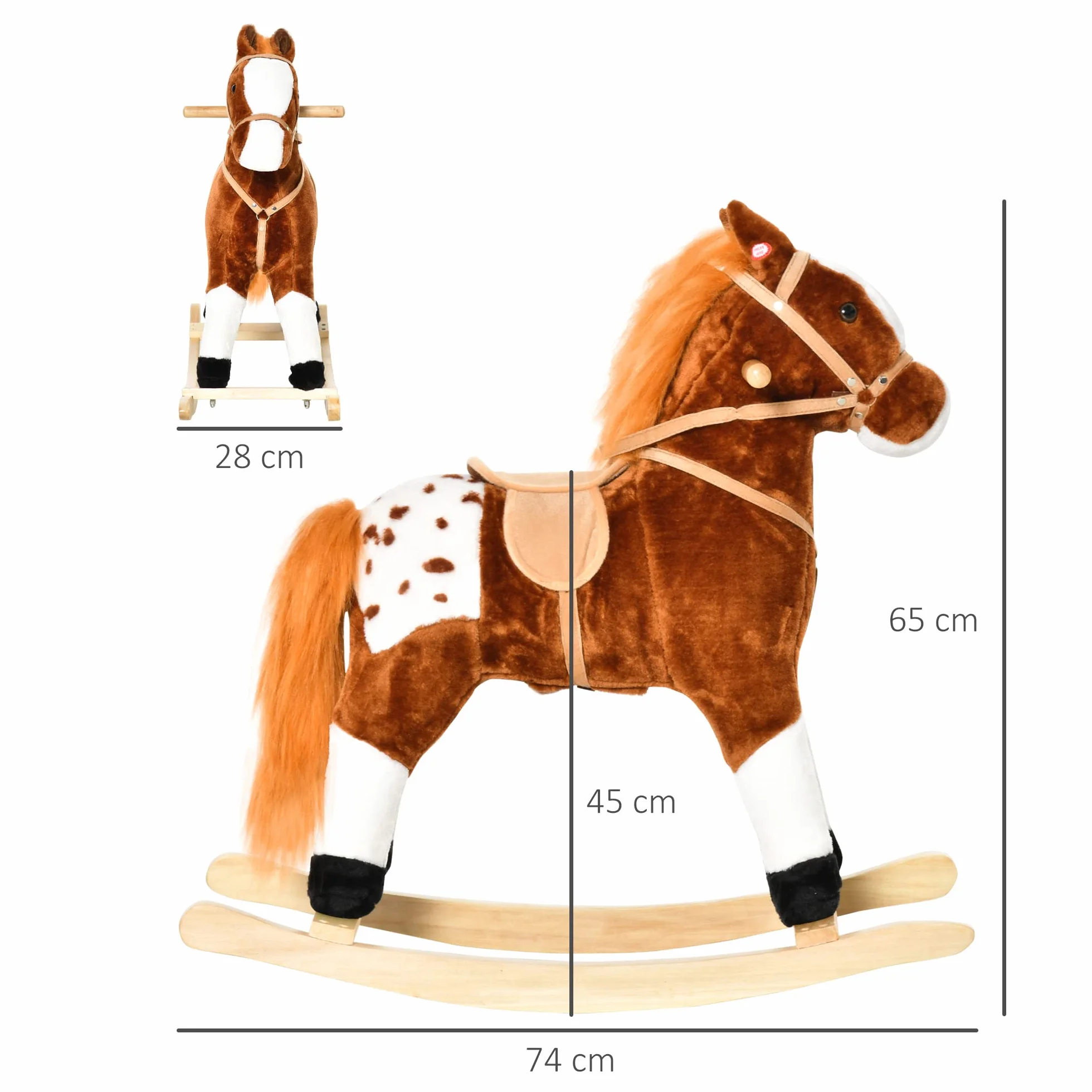 HOMCOM Cavallo a Dondolo in Legno con Suono Animale Regalo Giocattolo per i Bambini, 74 x 28 x 65 cm, Marrone