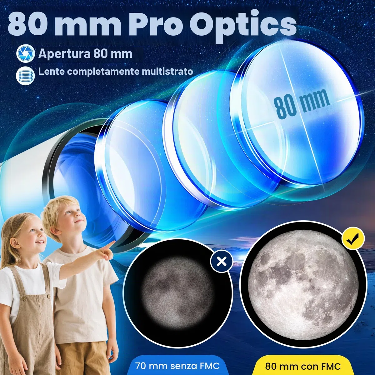 Telescopio Astronomico per Adulti, 80/500mm Telescopio Rifrattore per Principianti con Adattatore per Telefono, Adesivi Decorativi a Tema Spaziale e Treppiede