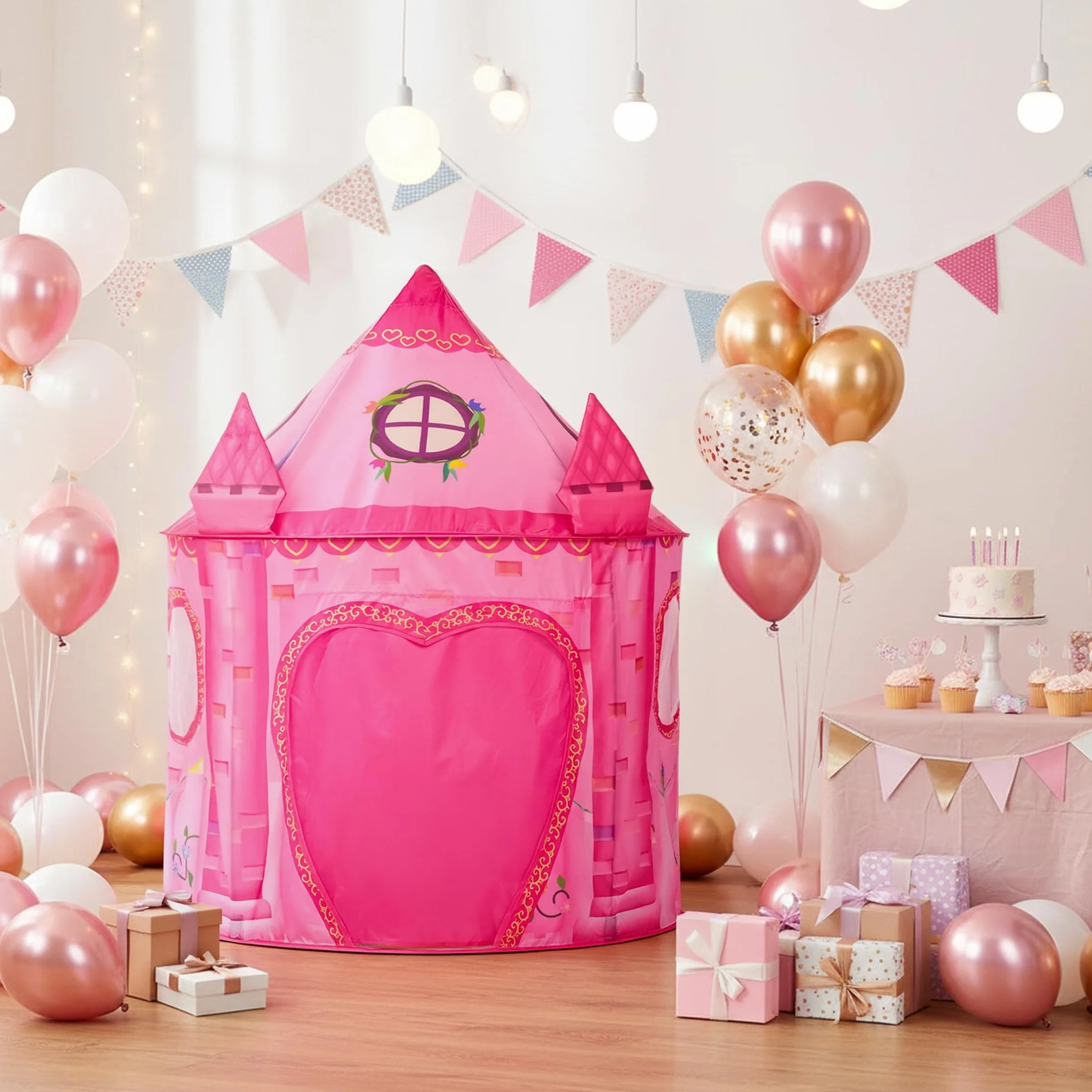 Tenda per bambini castello rosa da interno, pieghevole capanna da gioco