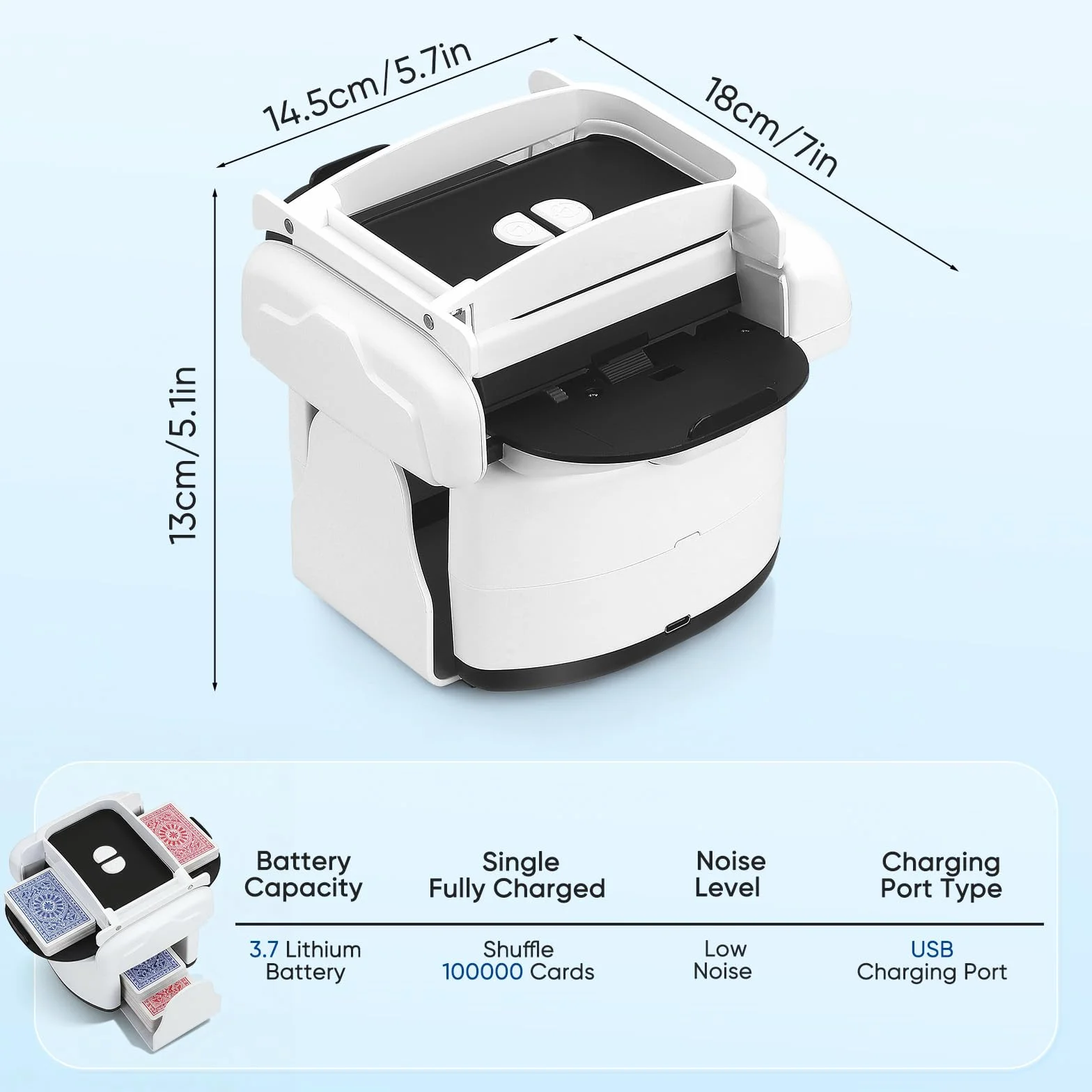 Mescolatore automatico di carte per 1–4 giochi di carte, ricaricabile, 2 modalità di miscelazione, compatibile con carte da poker, bridge, UNO e Phase 10 (Bianco)