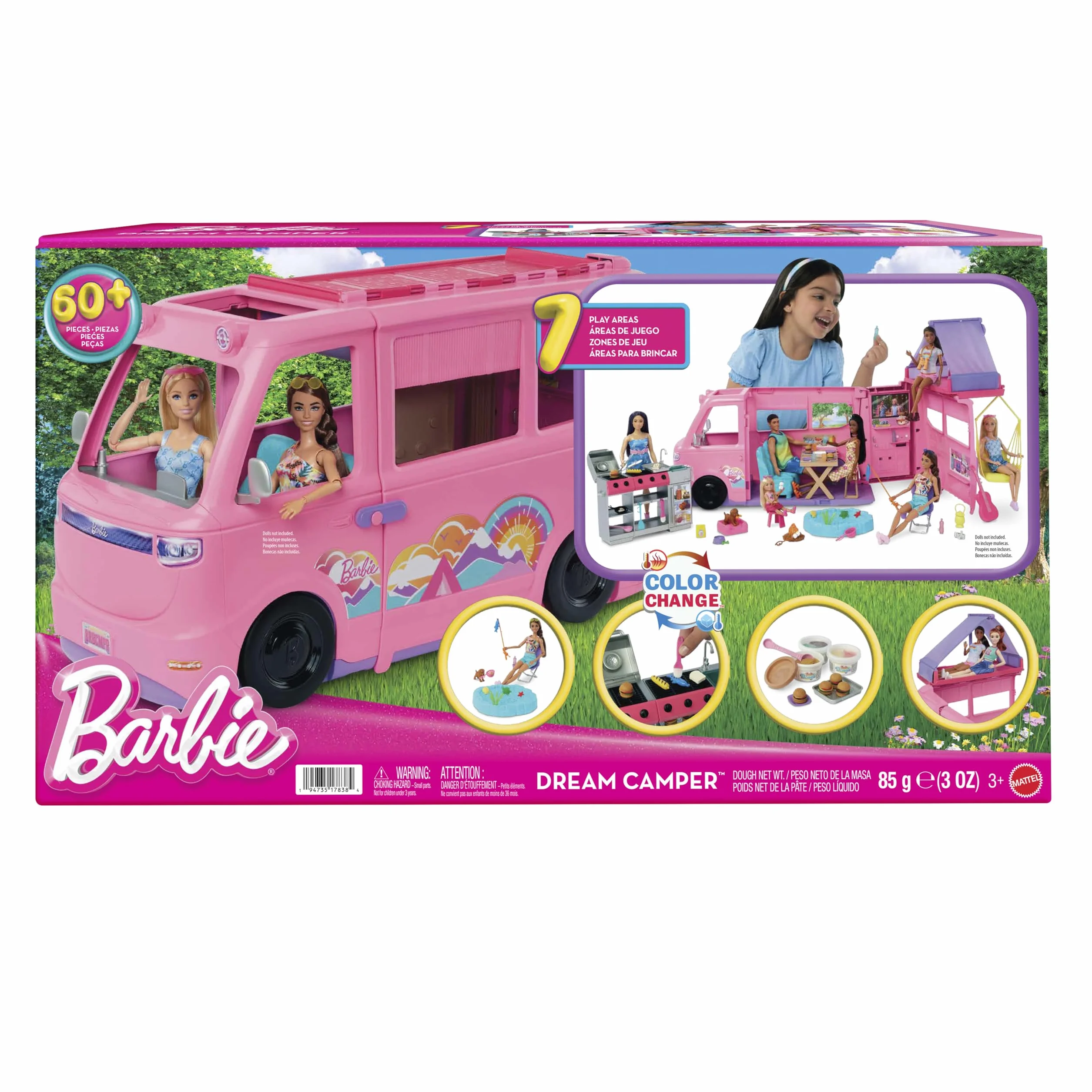Barbie - Camper dei Sogni, veicolo con oltre 60 accessori e pasta modellabile, effetto cambia colore, include tenda sul tetto e altalena, giocattolo per bambini, 3+ anni, HRJ78