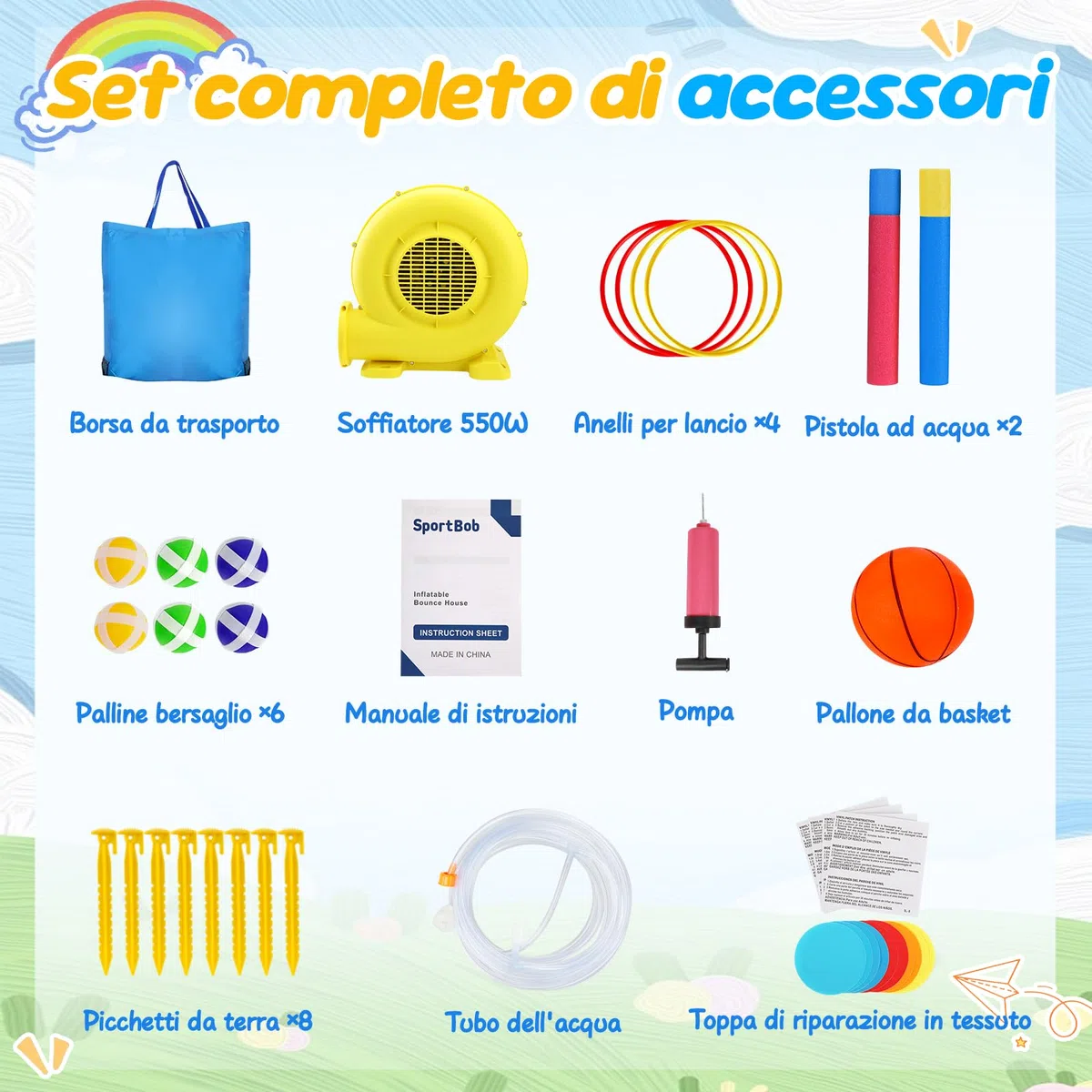 Castello Gonfiabile con Scivolo Acquatico, Piscina di Palline, Area di Salto e Parete da Arrampicata, Soffiatore d'aria Incluso, Utilizzo Interno/Esterno per Giardini, Feste e Famiglie