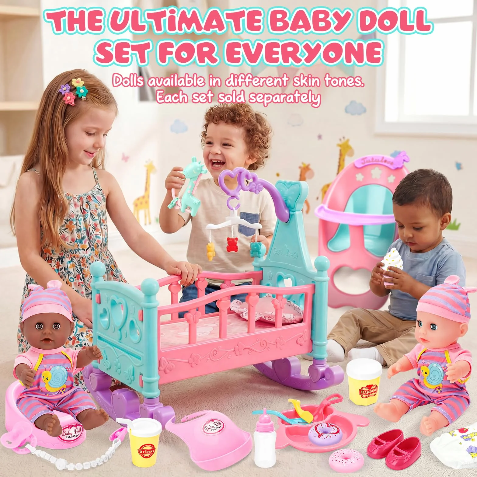 deAO Bambola con Accessori, Set da 21 Pezzi con Culla 12' Bambolotti Bebè Seggiolone e Lettino Giocattolo Educativo per Bambina 3+ Anni in su Idea Regalo per Natale o Compleanno