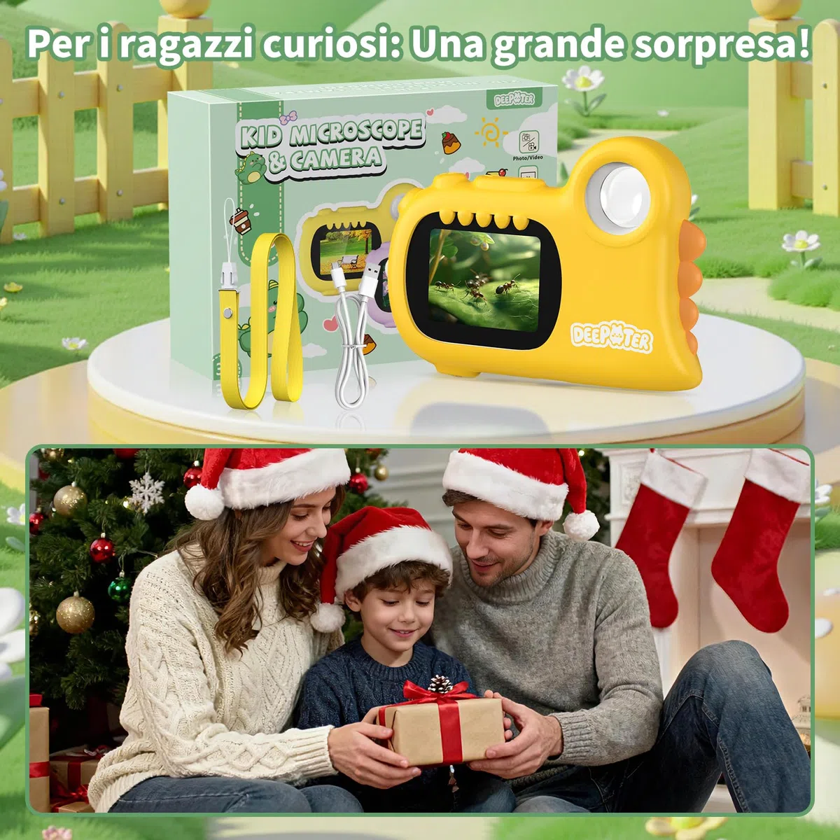 2 in 1 Microscopio Bambini, Deepoter 1000X Microscopio Digitale, Microscopios Portatile con 8 LED Regolabili, Adatto come Regalo di Natale, Compleanno o Capodannodai 3 Aagli 12 Anni, Giallo