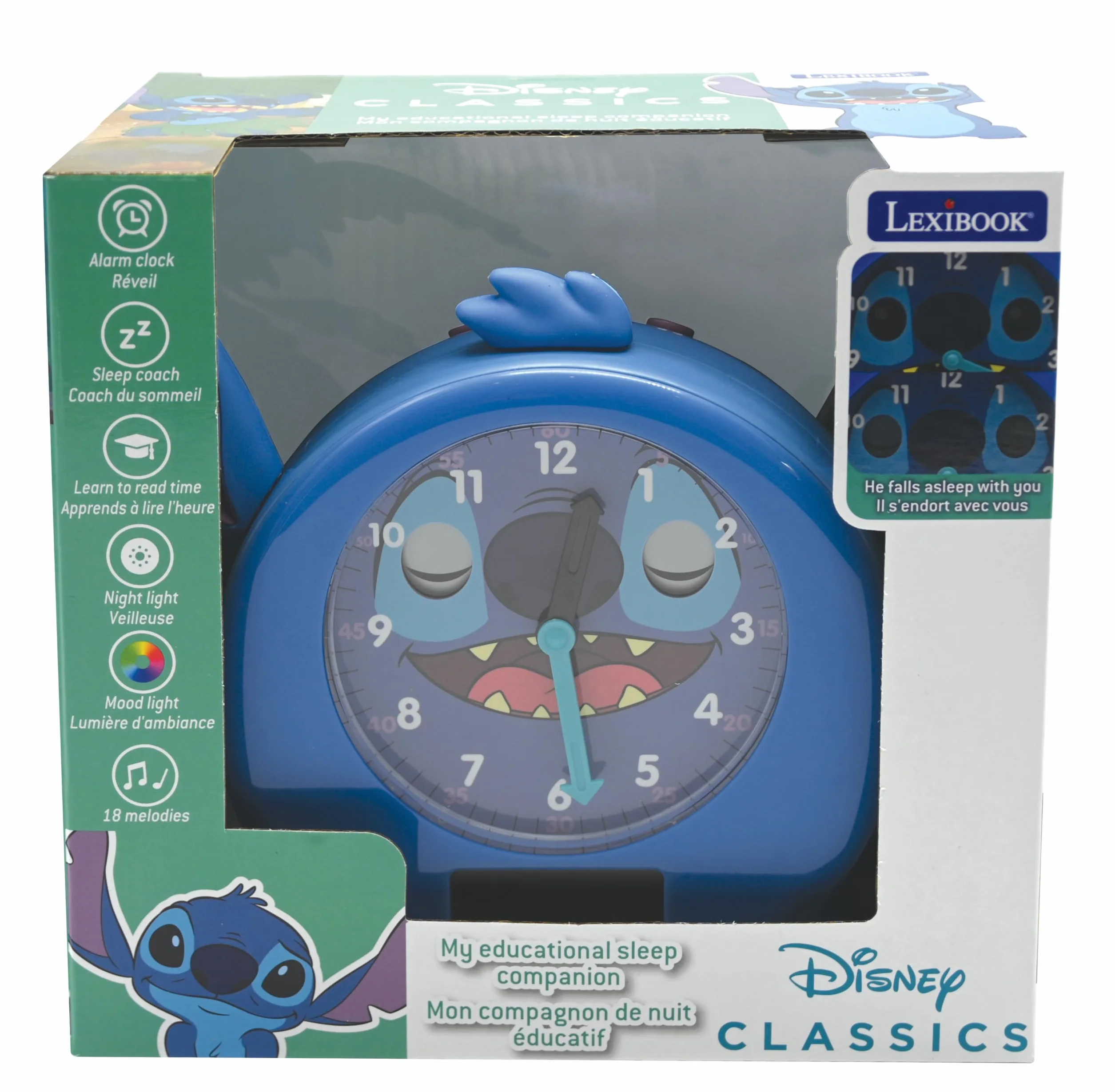Lexibook Disney Stitch Il mio compagno educativo notturno, sveglia, luce notturna, simulatore d’alba e narratore di storie, con cavo di alimentazione, blu, RLT100D