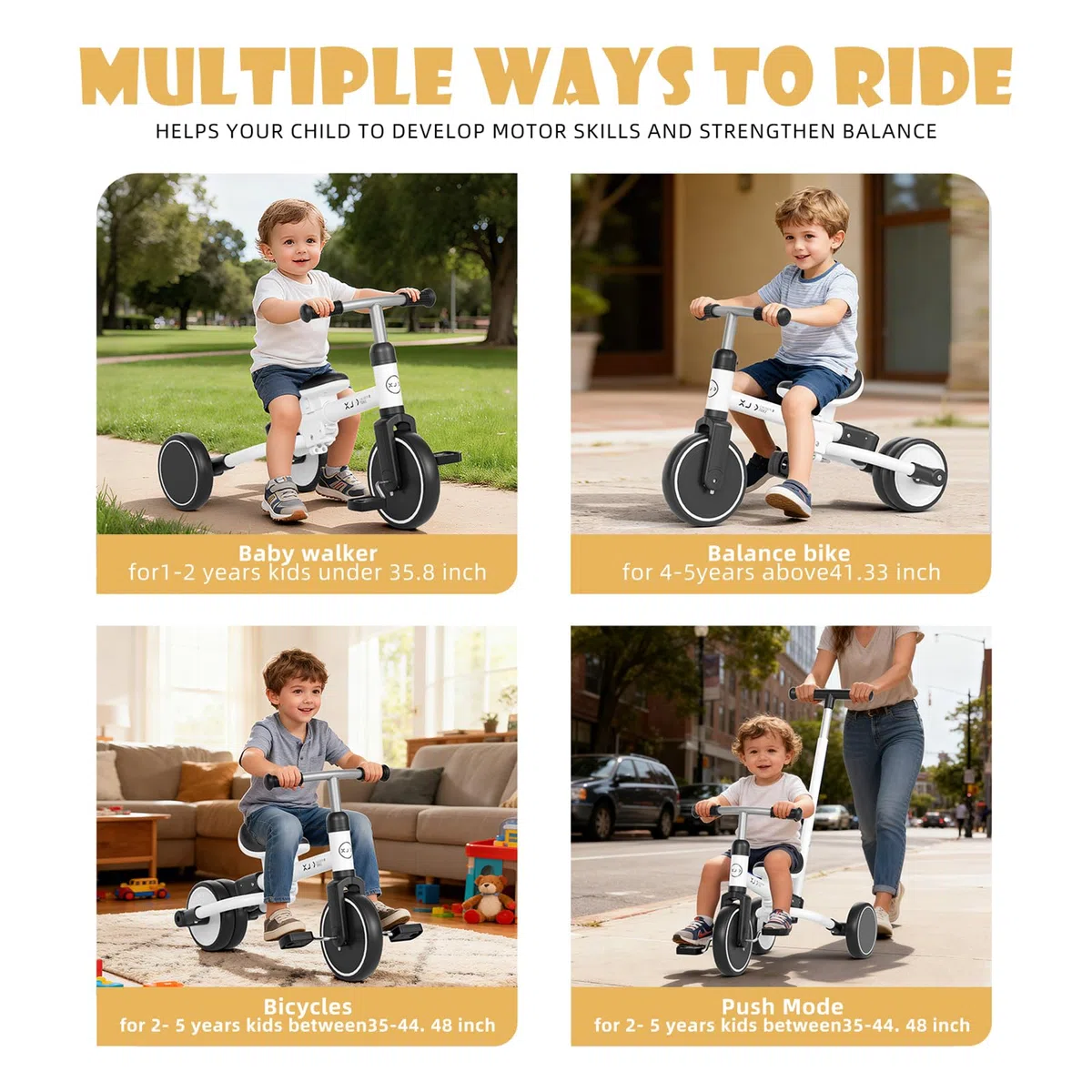 XJD Triciclo 5 in 1 per bambini 1-3 anni con maniglia regolabile e pedali rimovibili