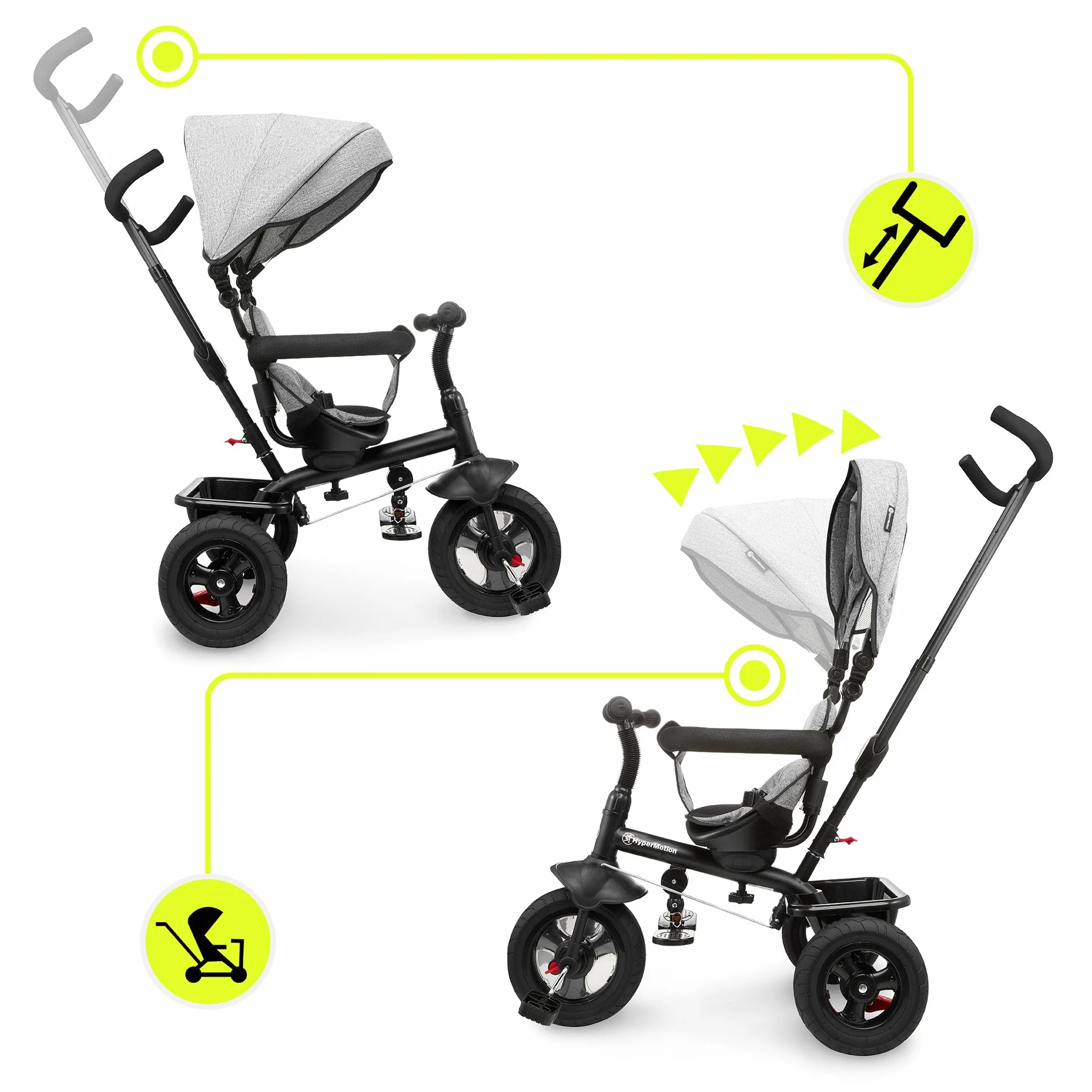 HyperMotion Triciclo Pieghevole per Bambini 1-4 Anni con Manubrio per Genitori - Bicicletta Evolutiva fino a 20kg - Monopattino Bambino Regolabile con Struttura Ergonomica, Grigio