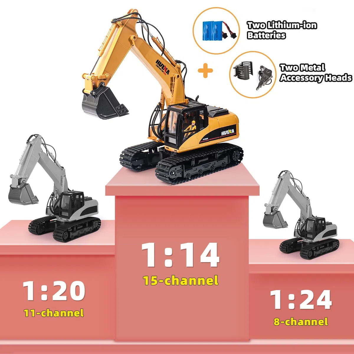 Escavatore Telecomandato 3 in 1 da 6-10 Anni, 1:14 RC in Metallo Con Batteria e Caricatore - Regalo di Compleanno