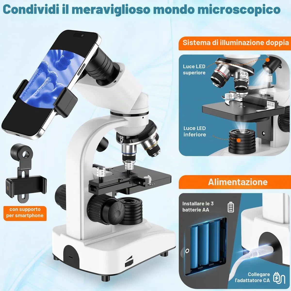 Microscopio binoculare, 40X-1000X, righello spostato, 4 lenti, messa a fuoco grossolana e fine, con oculari WF 10X/25X, accessori, valigetta per il trasporto
