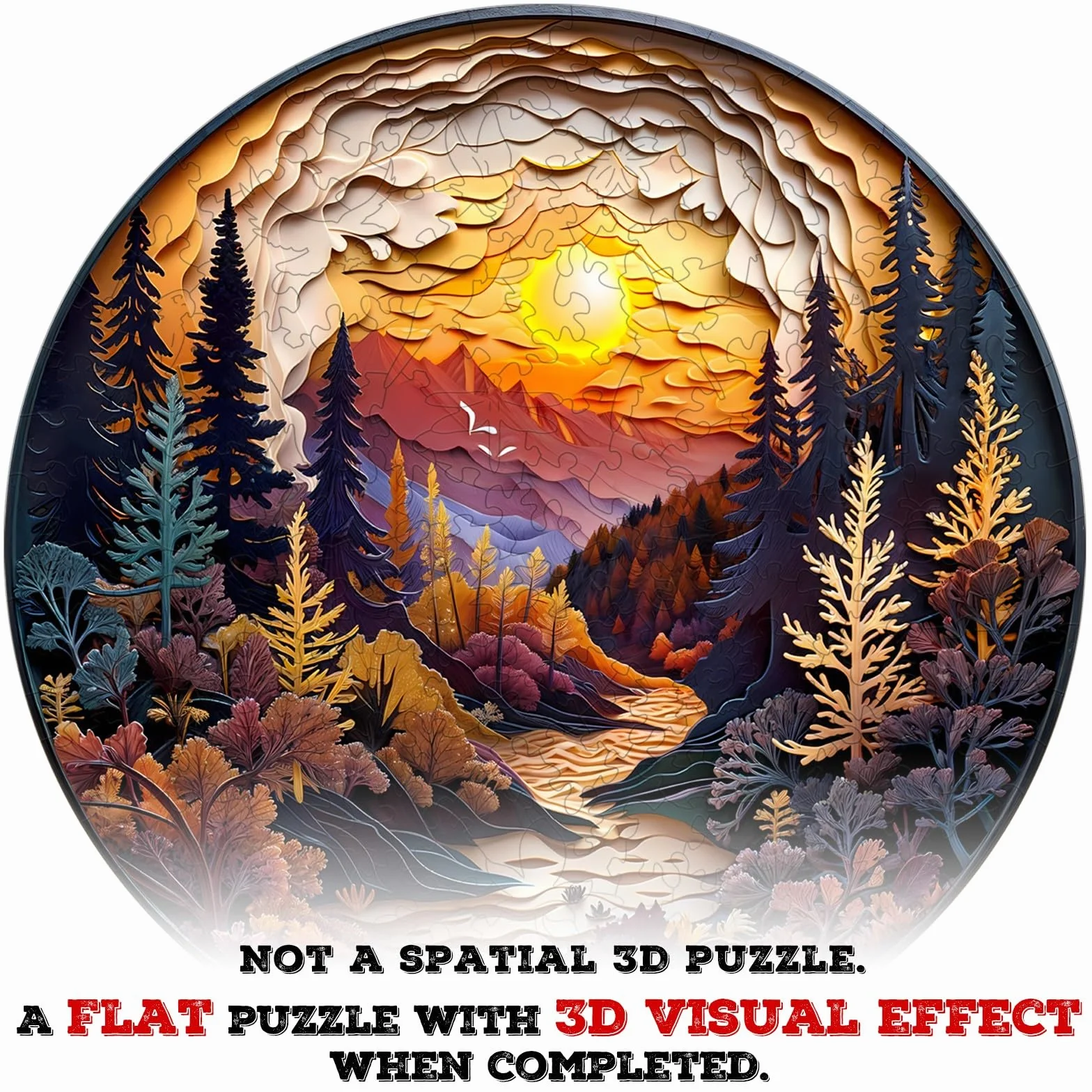 Puzzle in legno per adulti, 300 pezzi, visuale 3D, tramonto, foresta, puzzle in legno, per adulti, 34 x 34 cm, puzzle irregolare unico, puzzle in legno, a forma di animale, in legno con scatola in