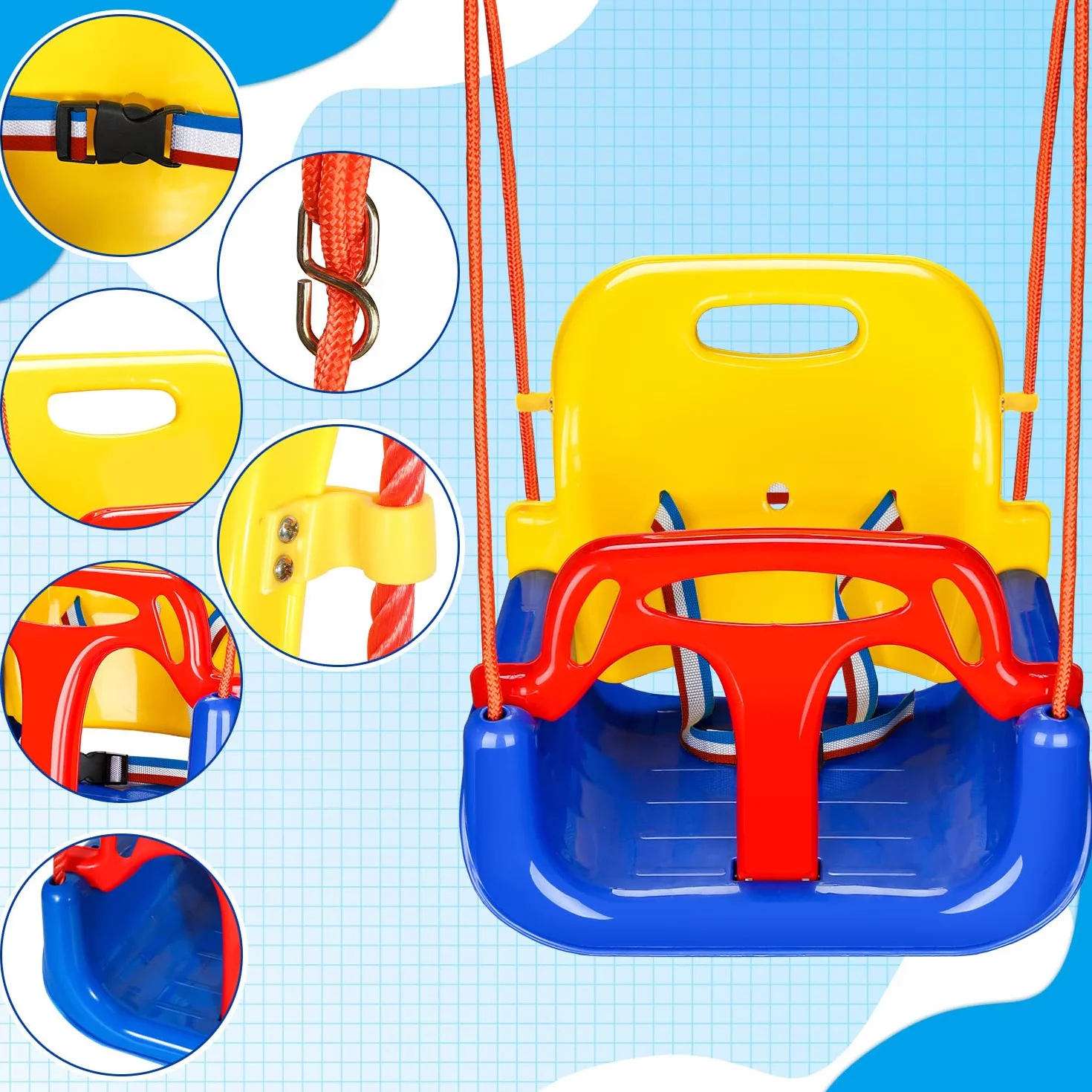 Altalena per bambini 3 in 1 fino a 50 kg, seggiolino rimovibile, regolabile in altezza, altalena per bambini che cresce con il bambino per esterni e interni