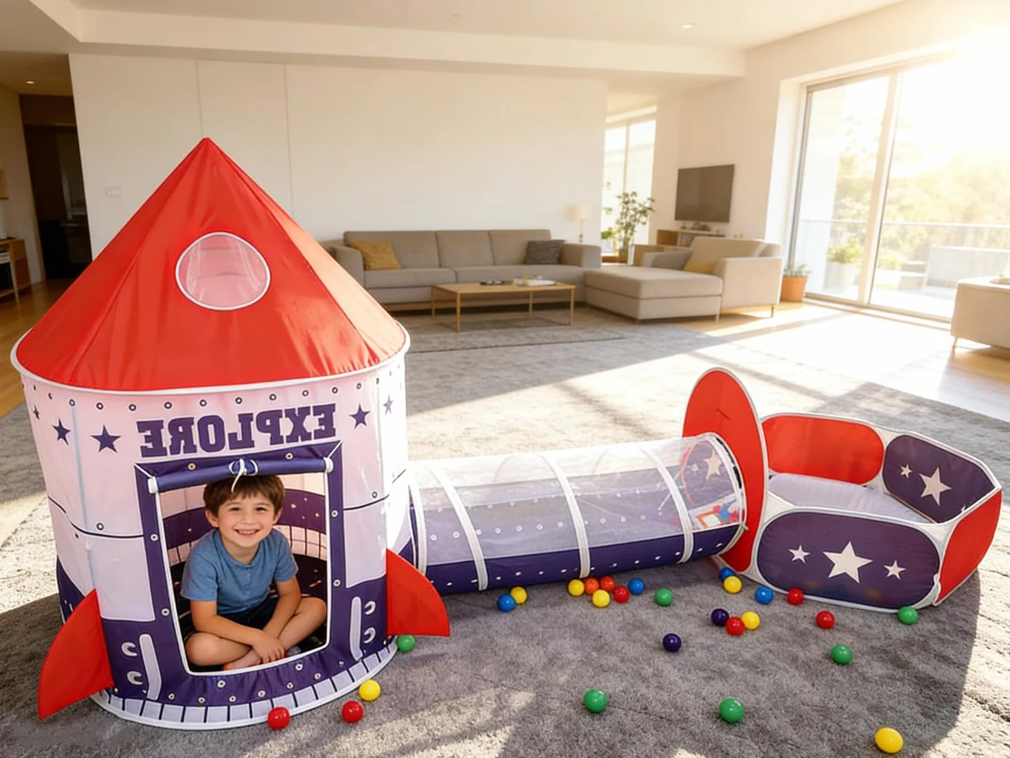 3 in 1 Bambini Tenda Gioco Tunnel Palla Buca Playhouse con Canestro da Basket Blu Scuro