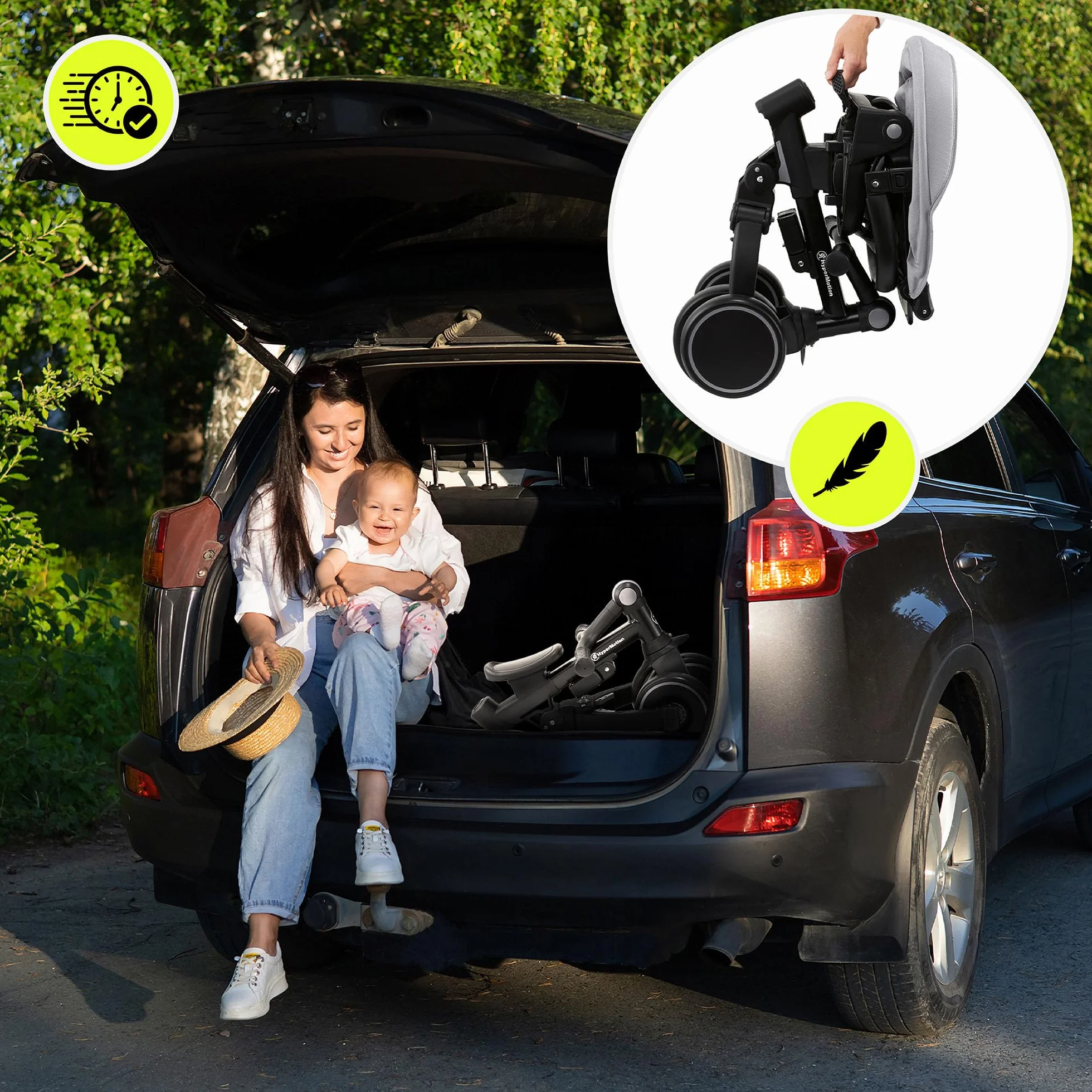 HyperMotion Triciclo Evolutivo 8 in 1 – Triciclo Passeggino Reclinabile e Pieghevole con Seduta Girevole 360° – con Cappottina, Maniglione e Cintura – per Bambini 1-5 Anni