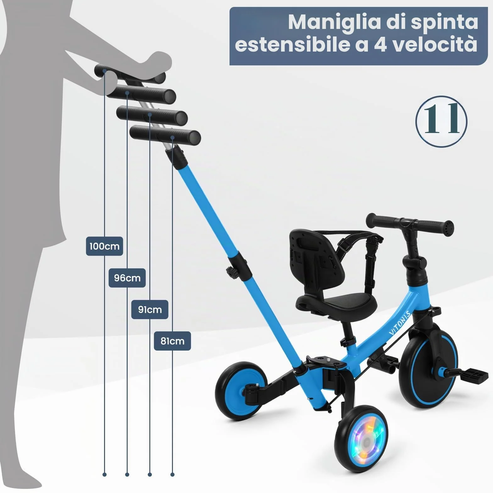 VITONIS Triciclo 5 in 1 per bambini dai 18 mesi ai 3 anni, con ruote lampeggianti, maniglione di spinta, schienale e cintura di sicurezza, regalo per bambini e bambine, bicicletta senza pedali, blu