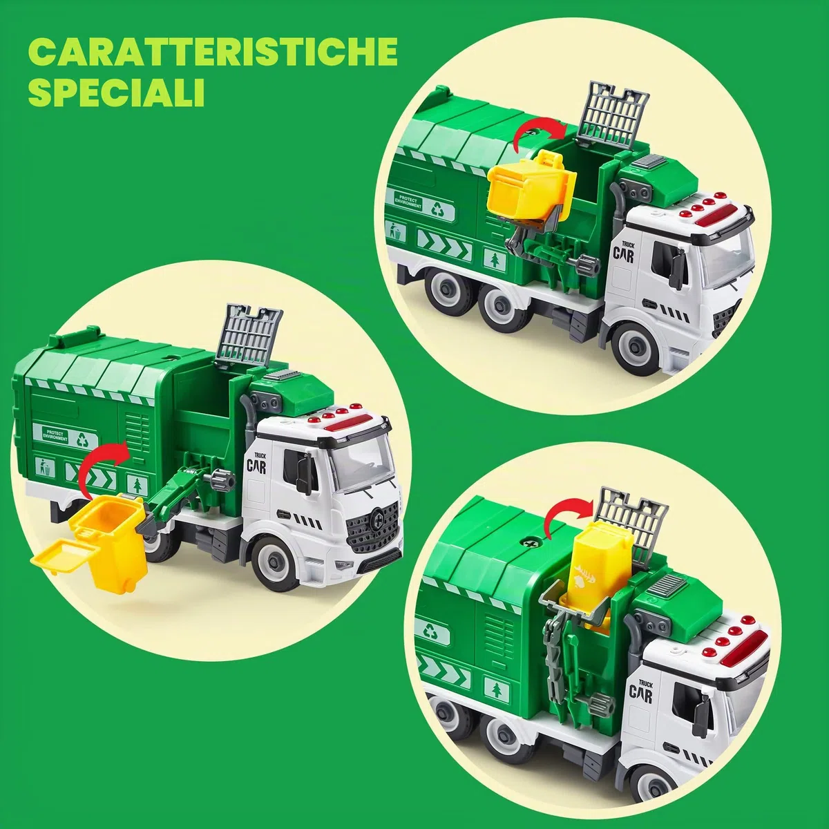 JOYIN Giocattolo camion della spazzatura con luci e suoni per bambini 3-8 anni, camion riciclaggio scarico laterale regalo