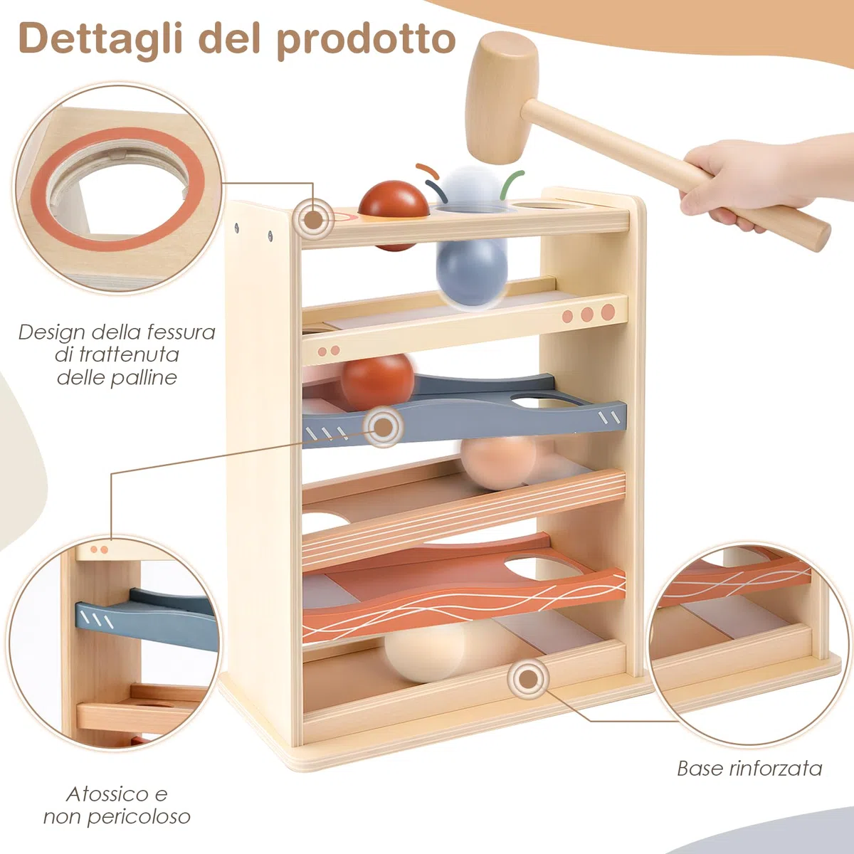 Vanplay Pista Biglie Legno Bambini 1 Anno Gioco Martello 4 Palline Giocattolo Montessori