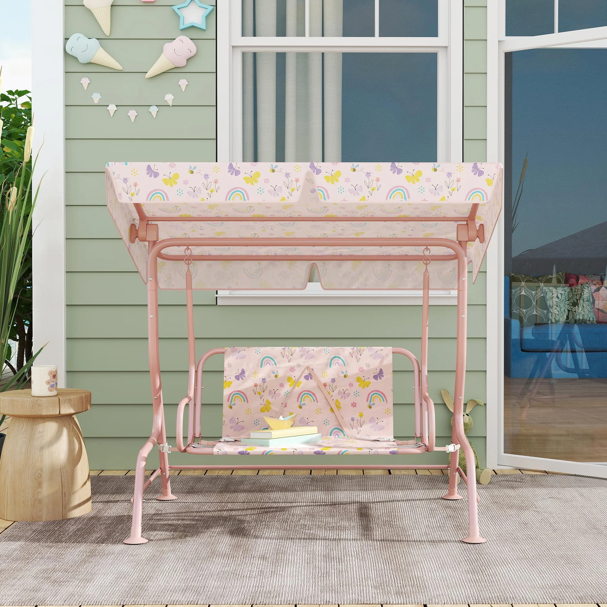 AIYAPLAY Dondolo per Bambini da Esterno a 2 Posti con Tettuccio Regolabile e Cinture di Sicurezza, Altalena Dondolo da Giardino e Interno in Acciaio e Oxford, Max 60 kg, 112x75x120 cm, Rosa