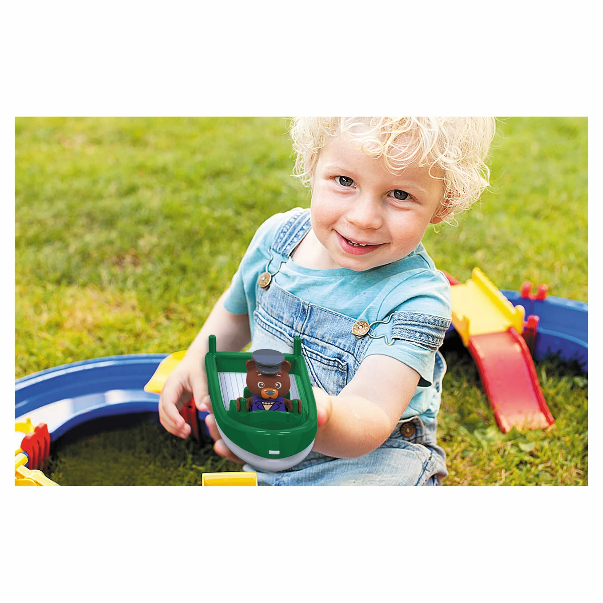 Tavolo d'Acqua per Bambini, Tavolo da Gioco colorato con Sistema di canali funzionanti, Gru, Ponti, Barca e Giocattolo per Auto, dai 3 Anni in su