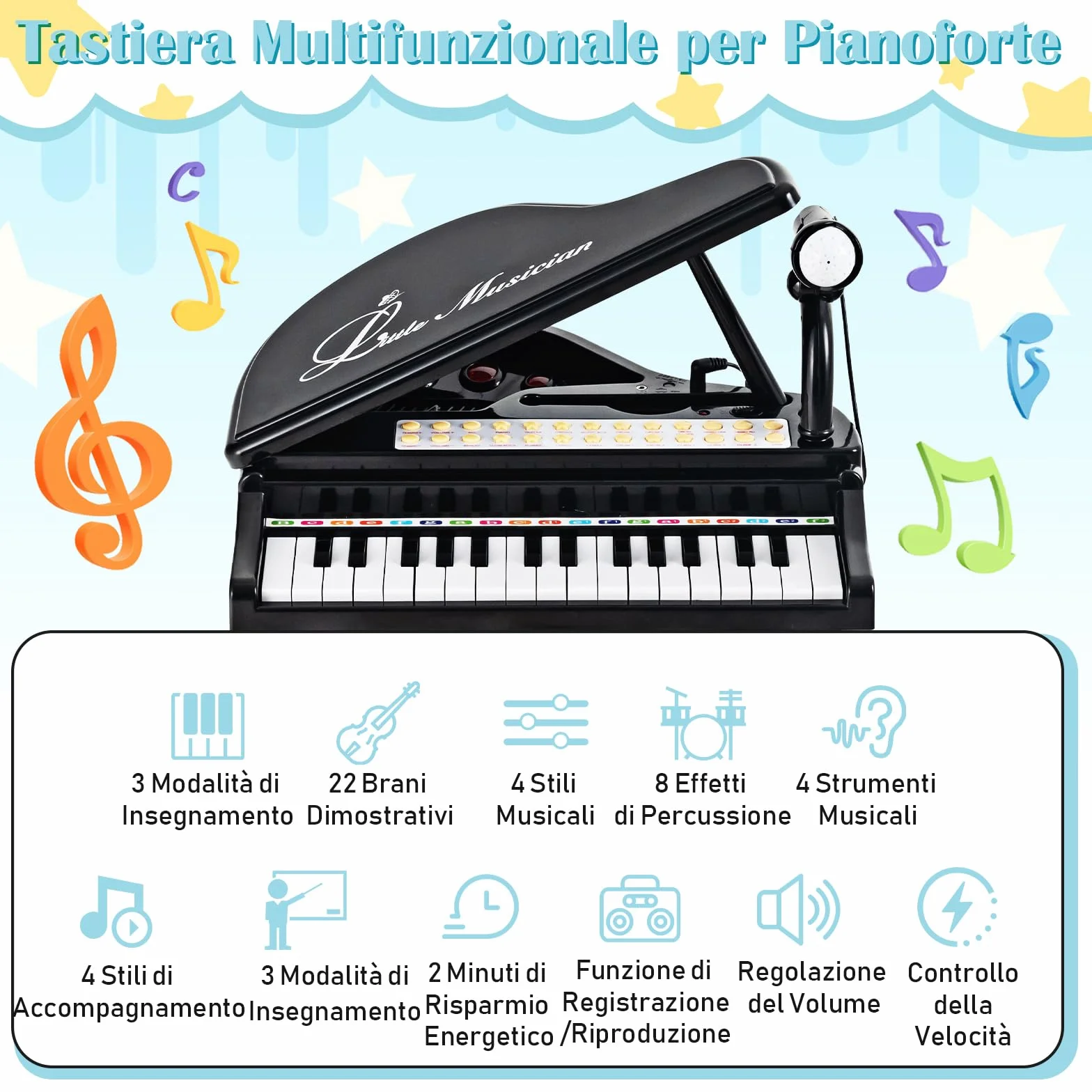 RELAX4LIFE Pianoforte per Bambini con 31 Tasti e Sgabello, Tastiera Pianoforte Elettronico con Microfono Regolabile, Giocattolo Musicale Regalo per Bambini 3+ Anni (Nero)