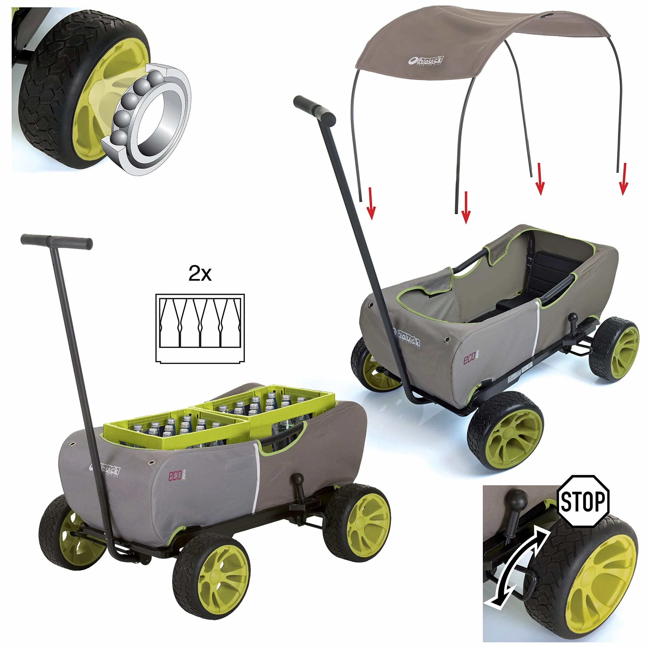 hauck Eco Mobil, Forest - Carrello da Trasporto per 2 Bambini fino a 50 kg - con Tettuccio Parasole e Cuscino di Seduta - Grandi Ruote EVA, Freno e Timone Rimovibile - Richiudibile e Portatile