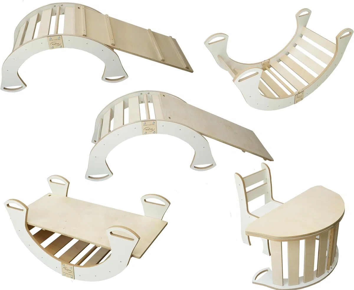 Skyline Altalena equilibrio legno tunnel arco arrampicata montessoriano per bambini dondolo scivolo con rampa L Bianco
