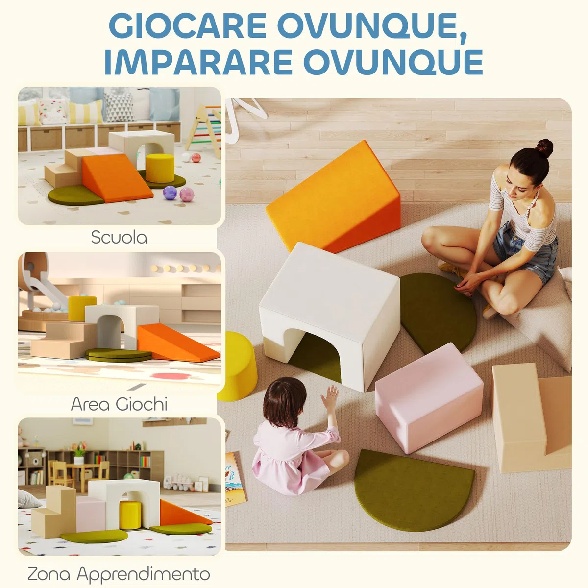 AIYAPLAY Set 8 Costruzioni Morbide per Bambini 0-3 Anni in Velluto e Schiuma PU Arancione