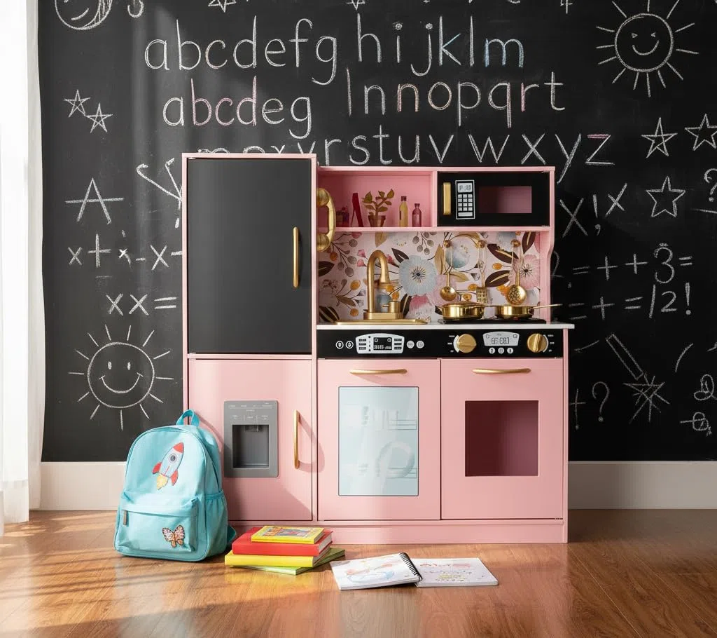 Leomark Cucina in legno per bambini MEMO PINK con tanti funzioni Ideale gioco per avventure culinarie creative per i piccoli chef impara ad preparare primi secondi e dolci Dimensioni 83x24x80 cm.