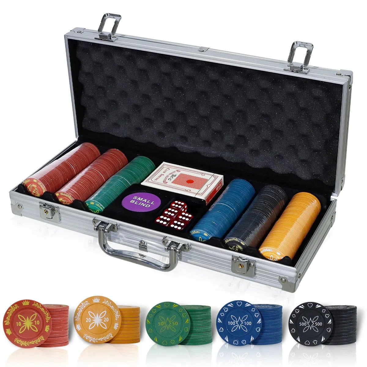 Set da Poker 300/500 Chips di Stampa in Plastica,Valigetta Poker Professionale in Alluminio con mazzi di Carte,Dadi,Pulsante Dealer