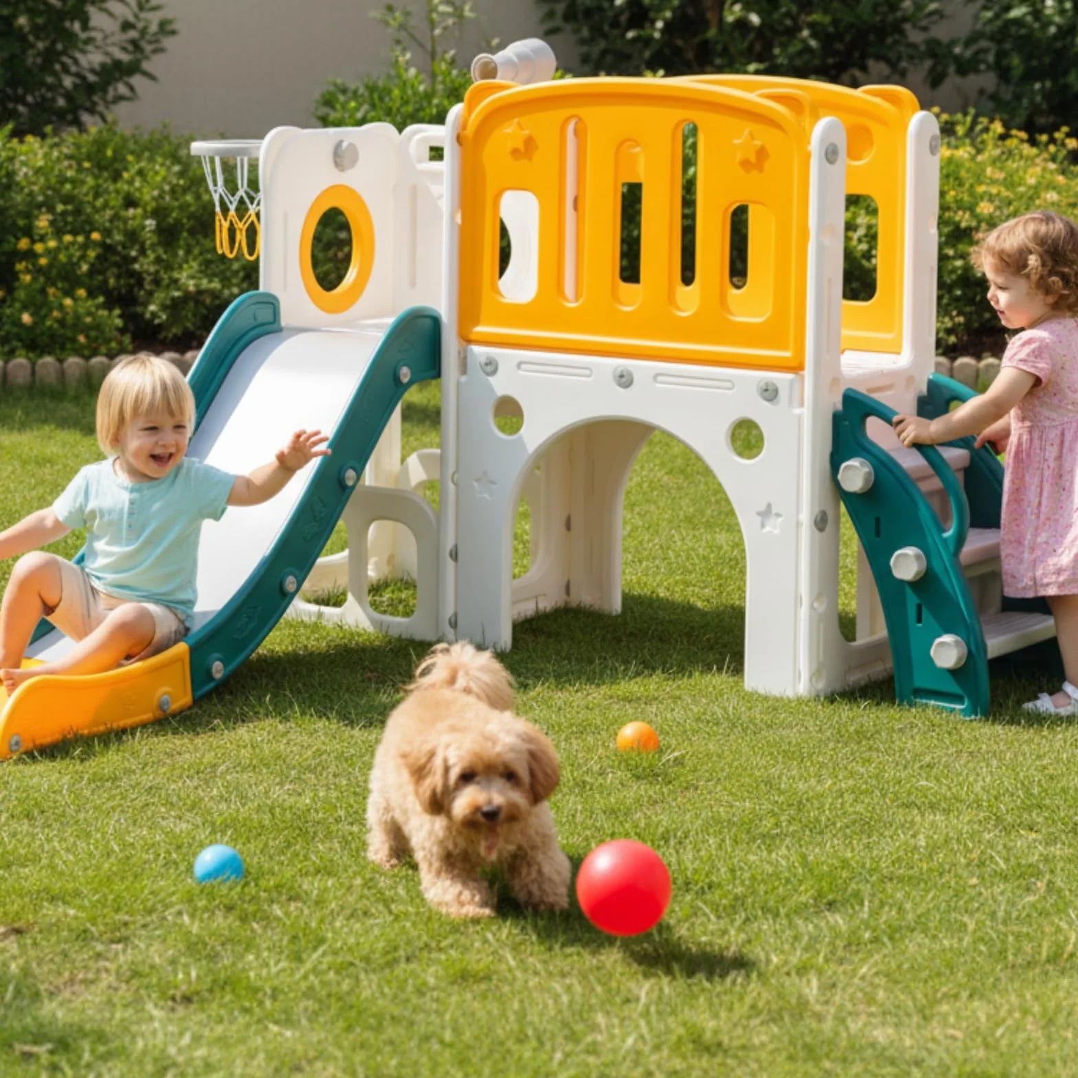 Scivolo per Bambini con Scala da Arrampicata, Canestro da Basket e Tunnel, Set di Scivolo in Plastica per Interni per Bambini, Giochi Montessori per Parco Giochi, Verde