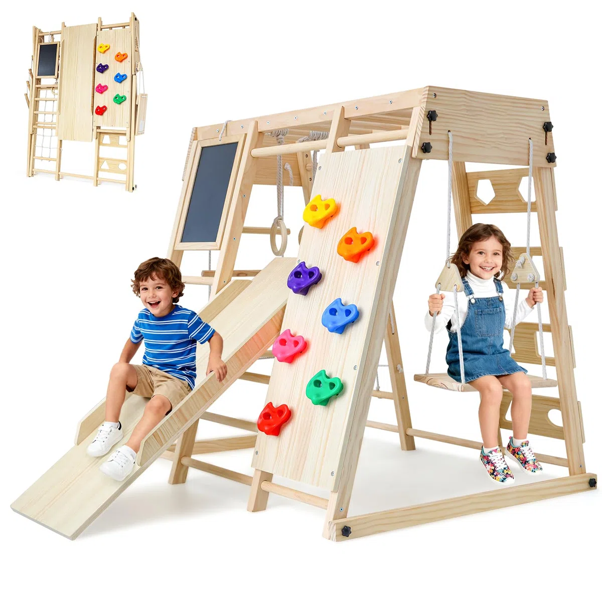Maxi Telaio da Arrampicata per Interni Pieghevole 10 in 1 Montessori con Lavagna Scivolo Altalena Parete da Arrampicata