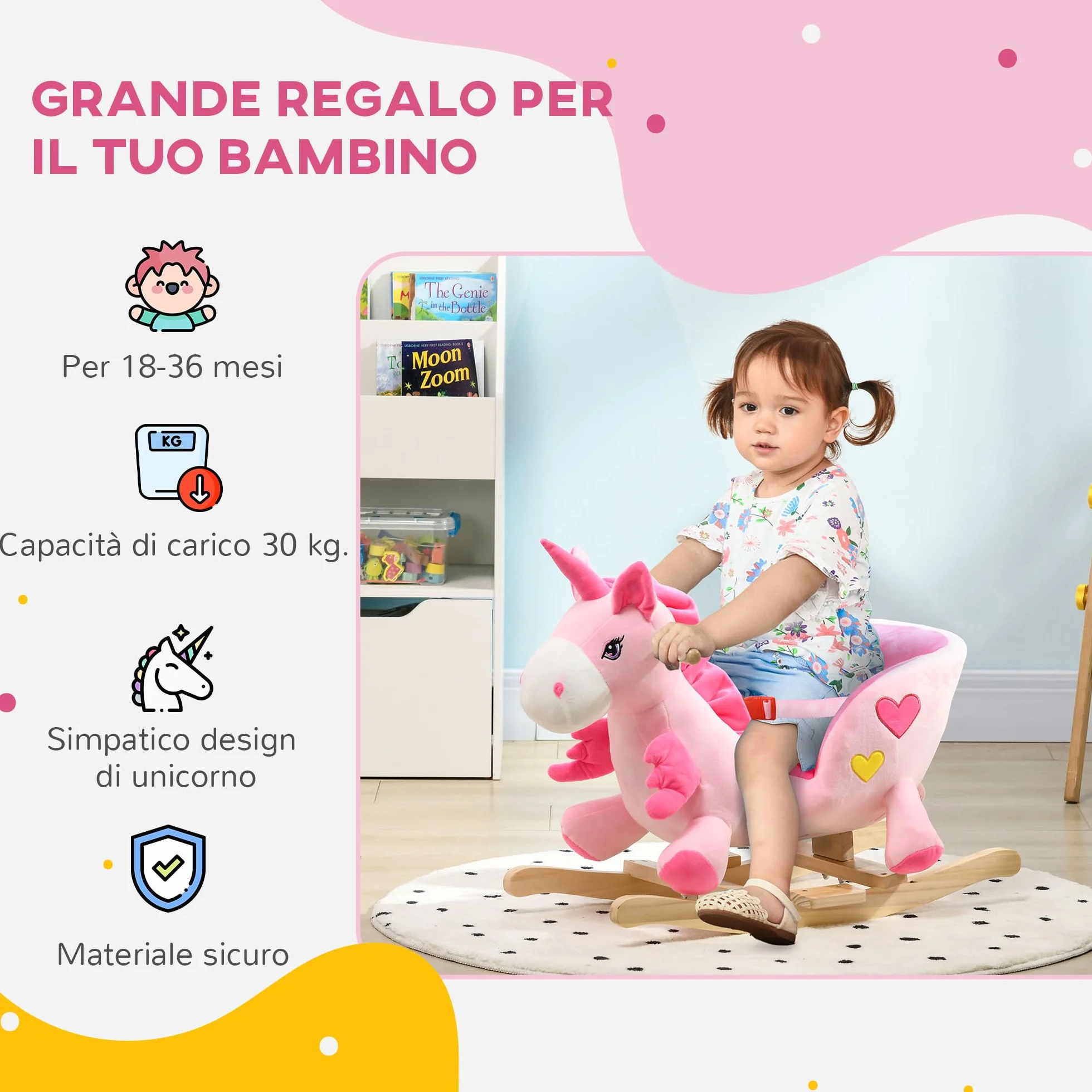 HOMCOM Cavallo a Dondolo con 32 Canzoni, Unicorno a Dondolo in Peluche con Base in Legno e Cintura di Sicurezza per Bambini da 18-36 Mesi, Rosa