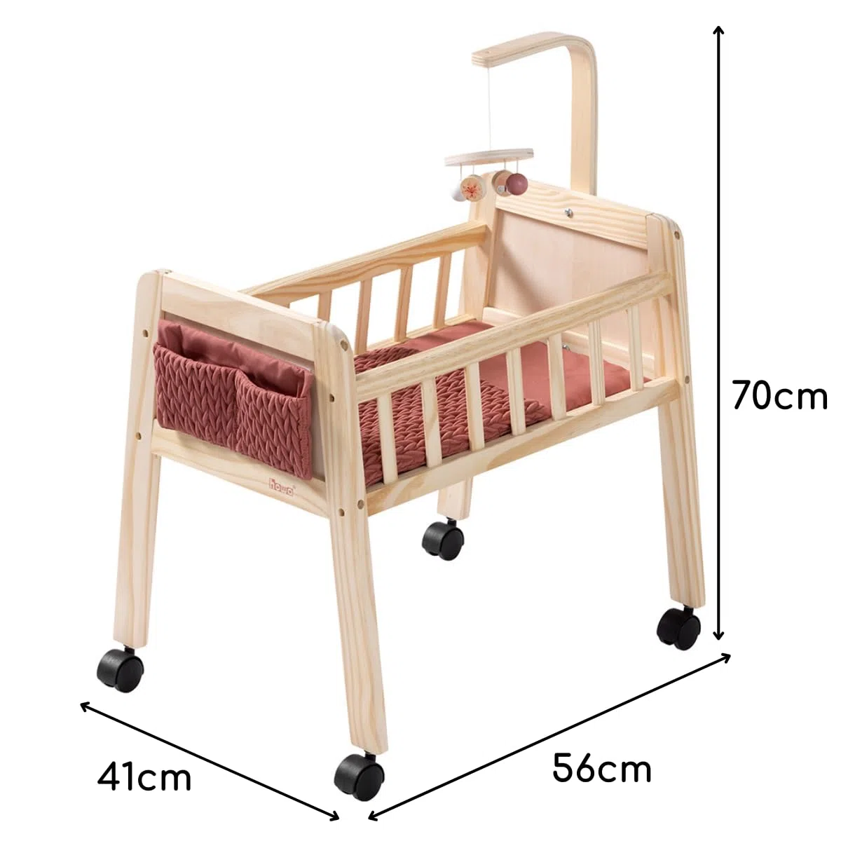 howa Letto per bambole in legno Grace con ruote, mobile, materasso, coperta e borsa in tessuto, mobili per bambole fino a 50 cm 2170