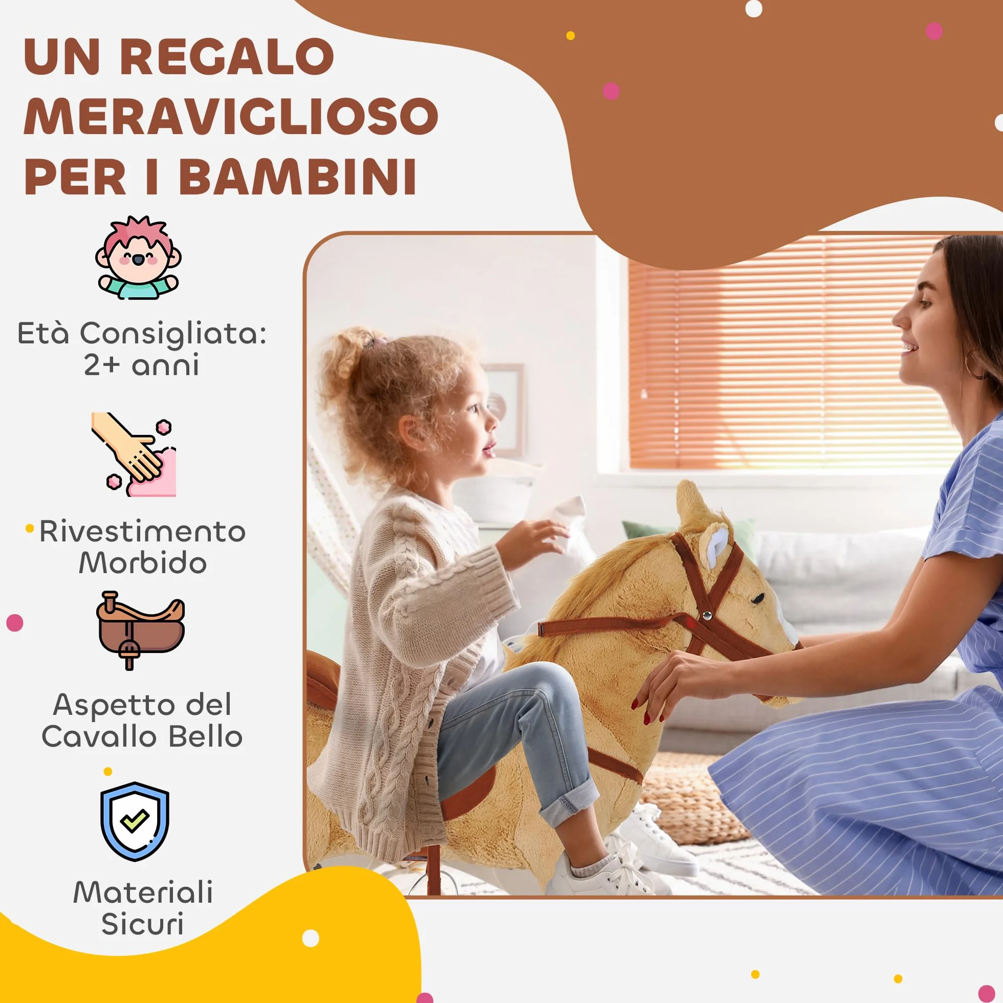 HOMCOM Cavallo Giocattolo con Sella, Briglie e Poggiapiedi, Cavallo Cavalcabile in Peluche, Metallo e Cotone PP, 85x28x60 cm, Beige
