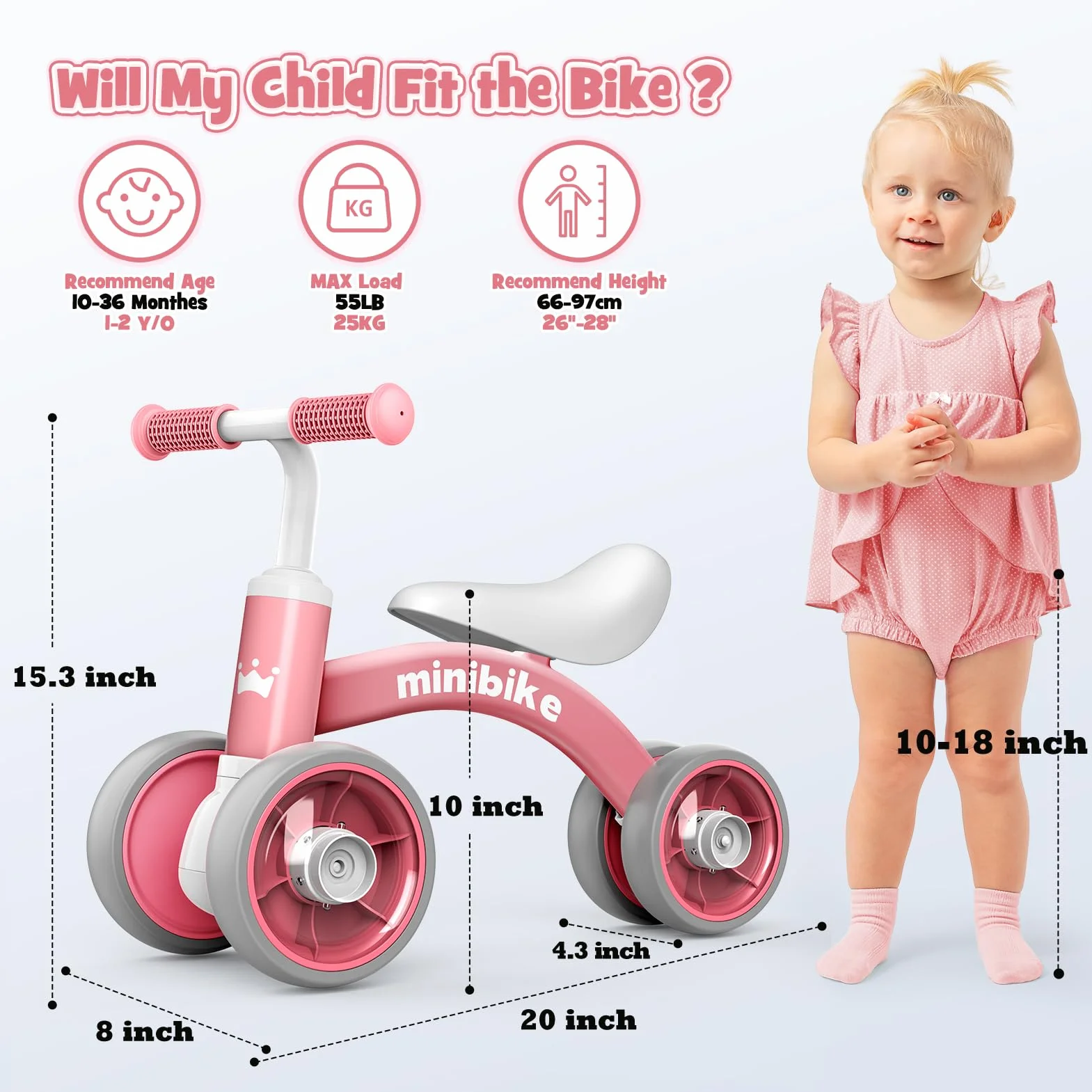 HappyGoLucky Bicicletta Bambini 1 2 Anni, Giochi Bambina Bicicletta Equilibrio con Quattro Ruote Illuminate, Gioco Bambino Regalo Bambina - Idee Regalo Natale