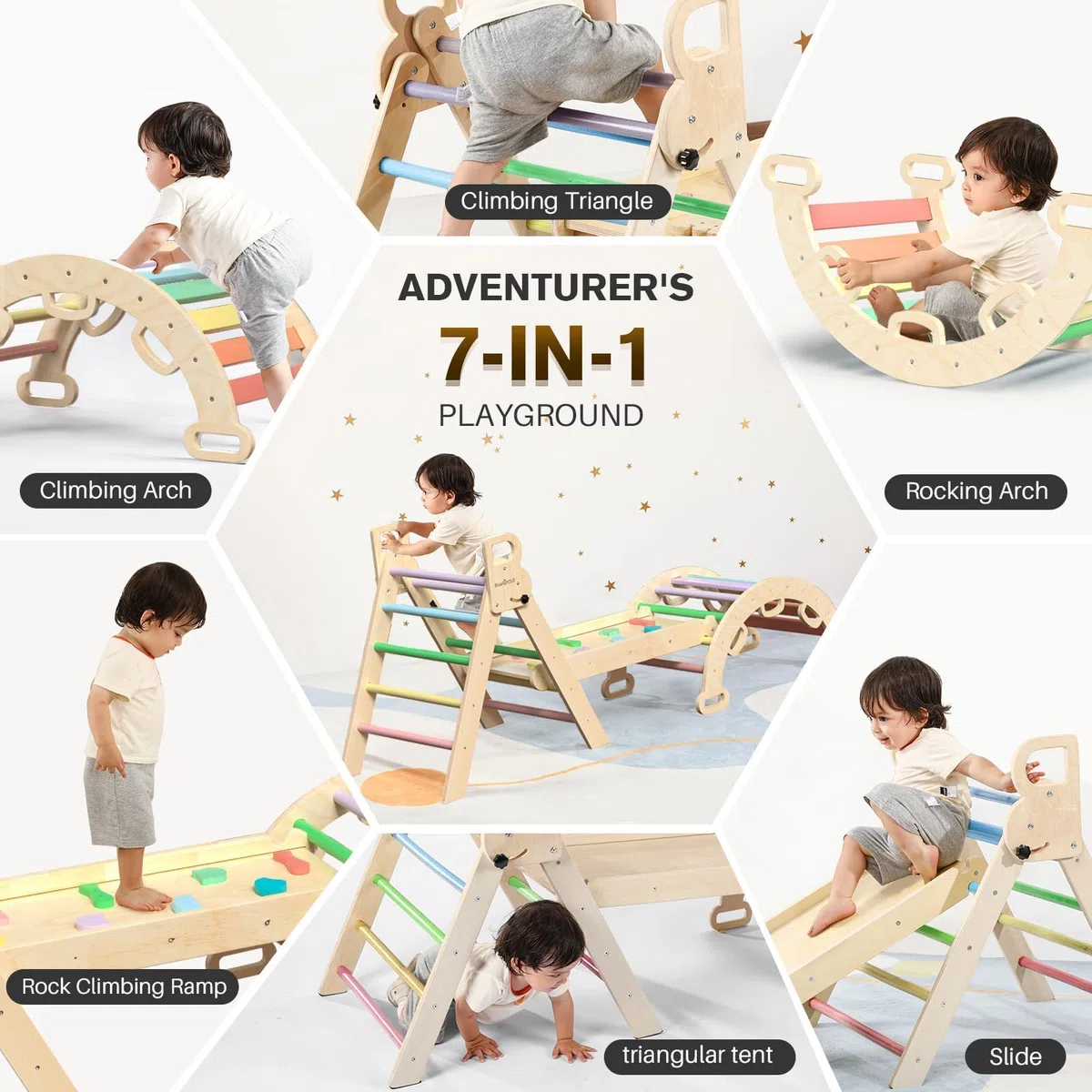 BlueWood Triangle Set 7-in-1 Pieghevoli in Legno Montessori Arco Rampe Scala Palestra Indoor per Bambini Arcobaleno