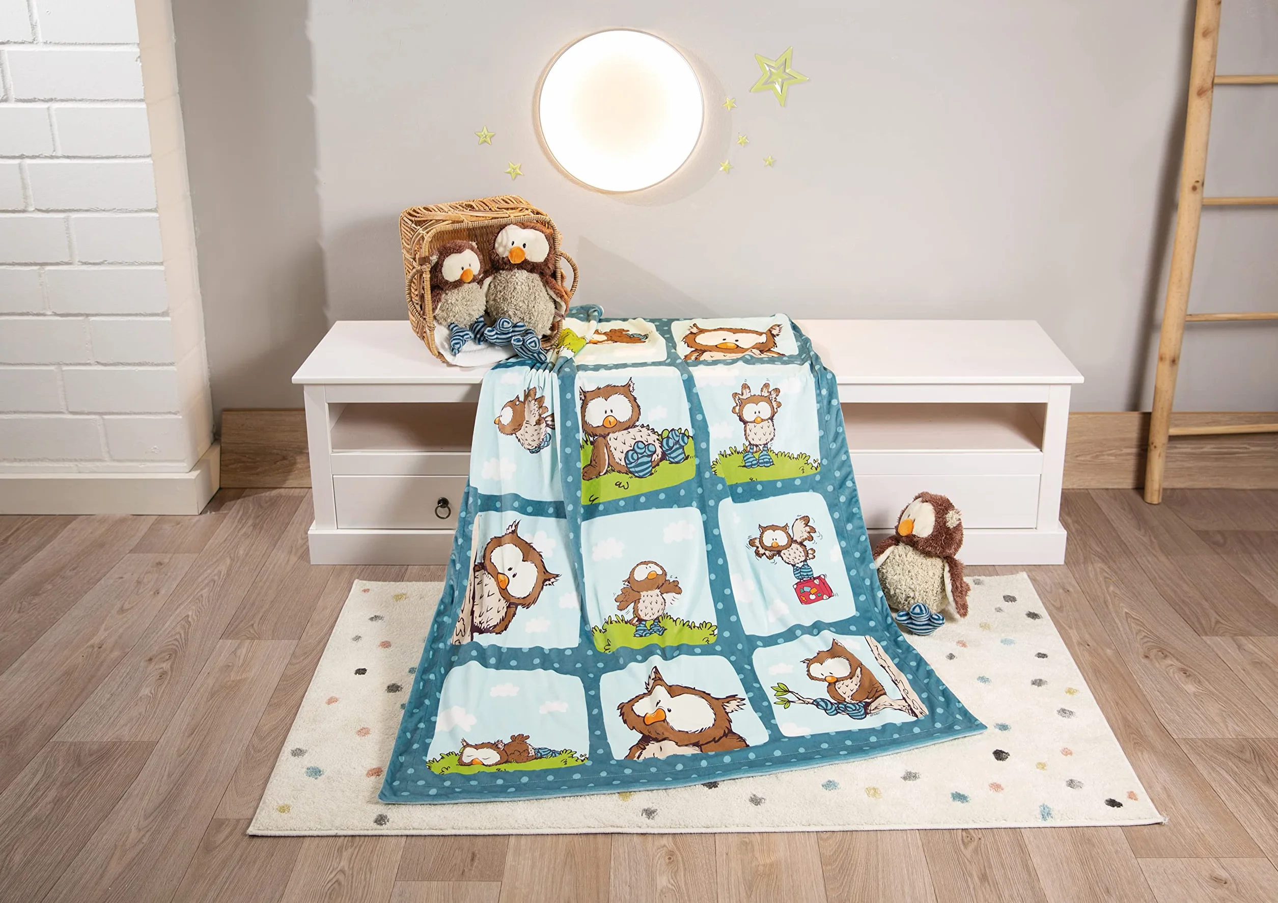 NICI- Auto Copertina Gufo Oscar 106 x 140 cm Blu Neonati Morbido Peluche-Coperta Calda Bambine, 48936