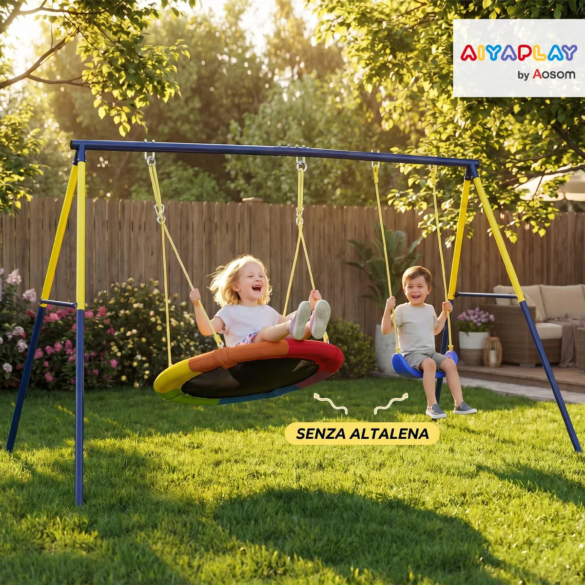 AIYAPLAY Struttura per Altalena da Giardino per Bambini, Struttura Altalena in Acciaio, Anti-UV, Impermeabile, Supporta 150kg, con 4 Ganci per Altalena a Nido, Altalena a U, Scala, 260x160x178 cm, Blu