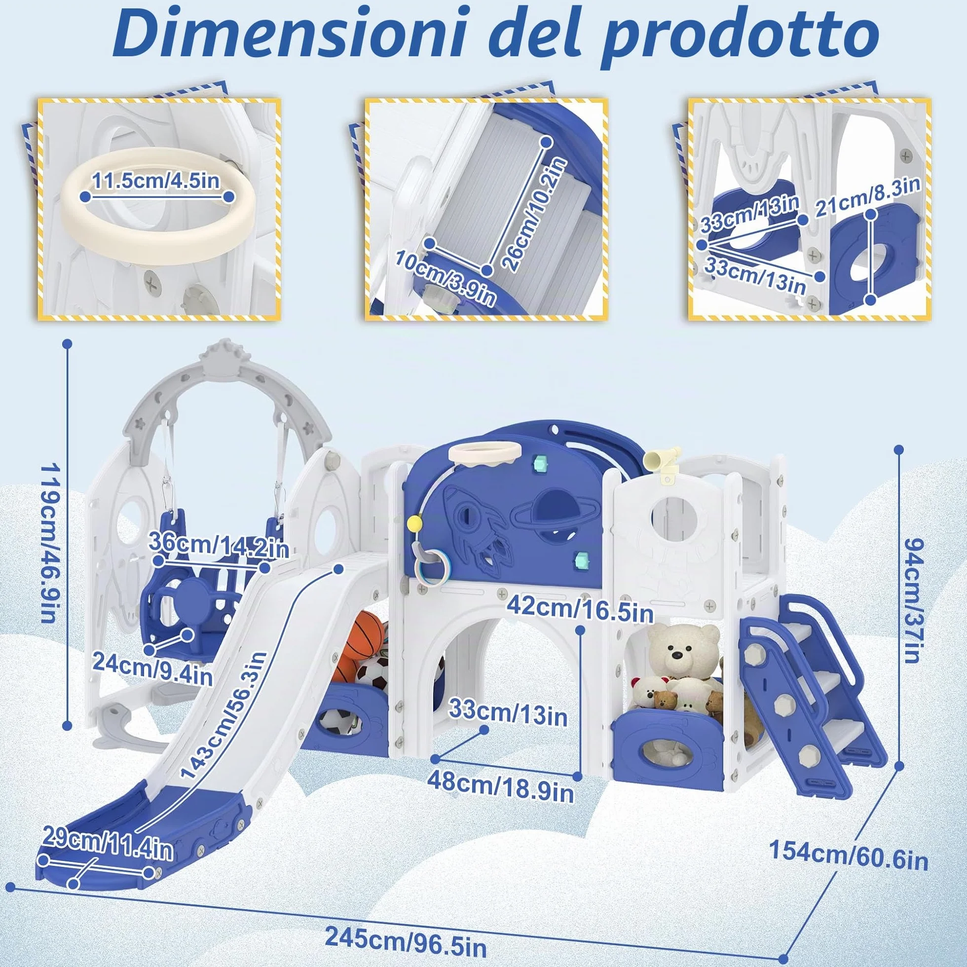 Froadp Scivolo 9 in 1 per bambini a partire da 1 anno, per interni ed esterni, in HDPE e PP, con altalena, scaletta da arrampicata, tunnel, spazio di archiviazione, cestino da basket e telescopio da