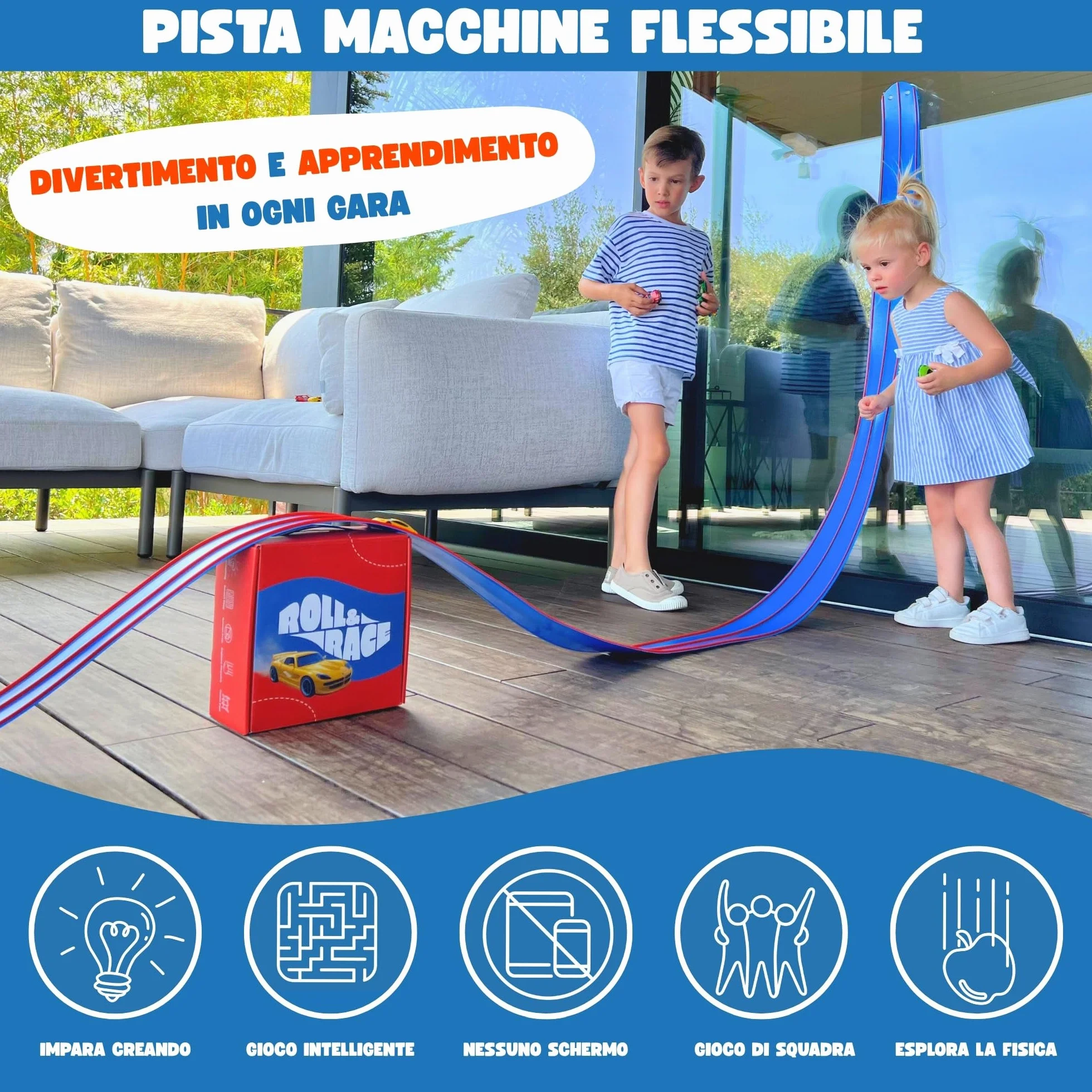 RollAndRace Pista Macchine Flessibile 400cm - Made in EU - Flexible Car Track - Gioco Bambino - Piste Car Wheels - Circuito di Corse per Bambini - Astuccio per il trasporto incluso