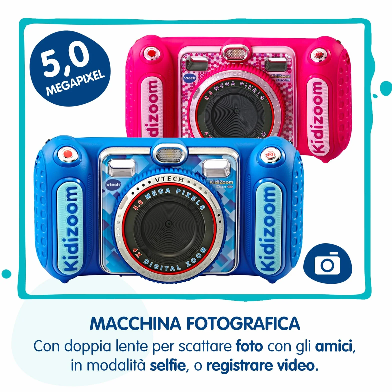VTech Kidizoom Duo DX Blu, Macchina Fotografica per Bambini con +75 Filtri, Foto e Video, Doppia Fotocamera Anteriore e Posteriore, Scocca Antiurto, Lingua Italiana, Batterie Incluse, 3-12 Anni