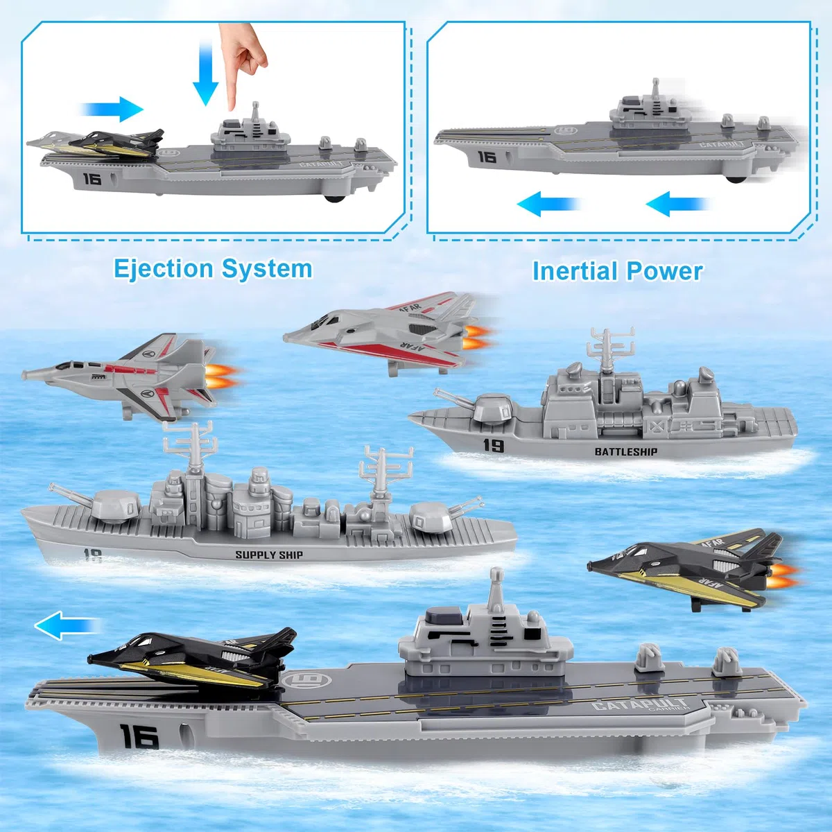 deAO unità di Difesa Militare Gioco Portaerei con Funzione di Espulsione, Veicoli Aerei e Marittimi Inclusi Set da 9 Pezzi Collezione di Forze Armate per Bambini