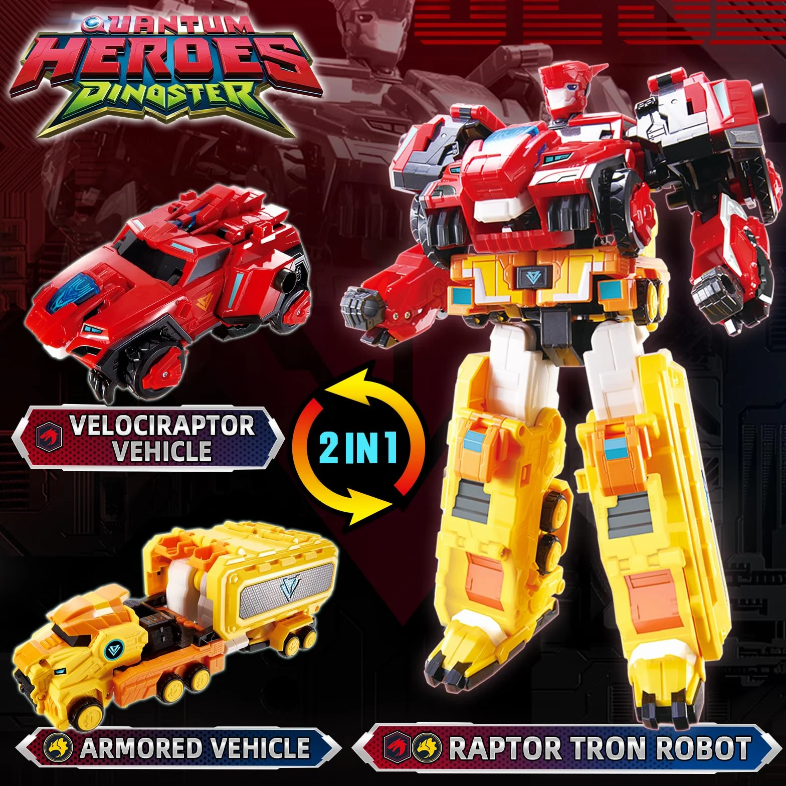 QUANTUM HEROES DINOSTER Robot trasformatore 3 in 1 Raptor Tron, 11,02 pollici, Carro Dinosauro e Robot Transformable Giocattoli per bambini e bambine di 5 6 7 8 9 10 anni