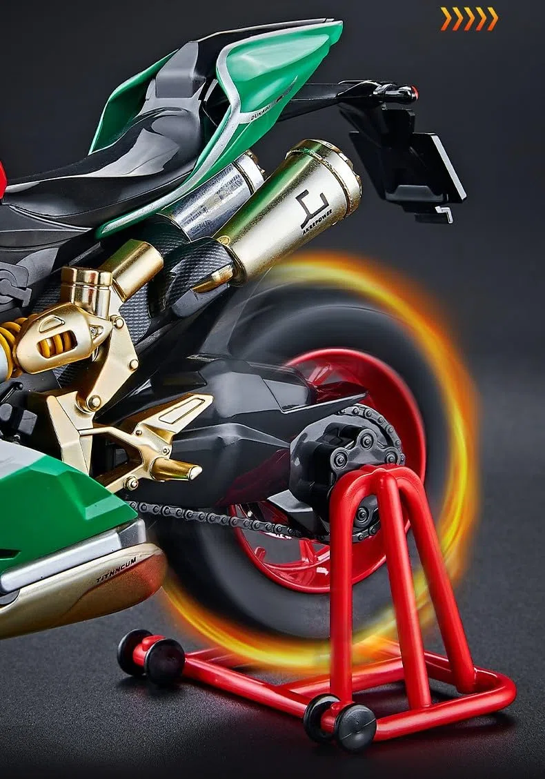 Modellino di motocicletta pressofuso in scala 1:9, caratteristiche interattive con effetti sonori, luci e parti mobili (rotazione della ruota posteriore), spruzzatura di fumo simulato (1:9 rosso+verde