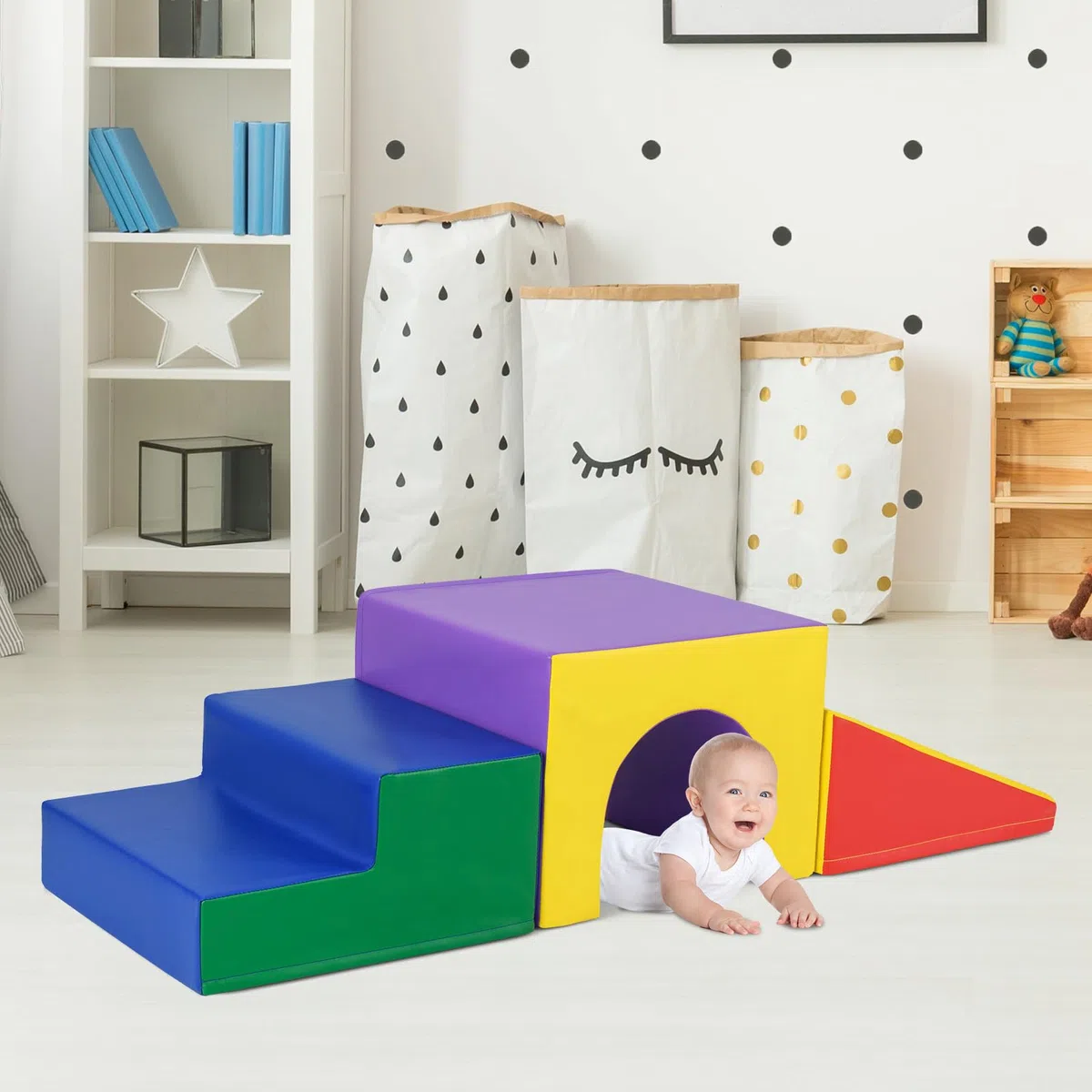 COSTWAY Set di 4 Blocchi in Schiuma per Arrampicarsi e Gattonare per Bambini, Giocattoli Morbidi da Interno (Giallo)